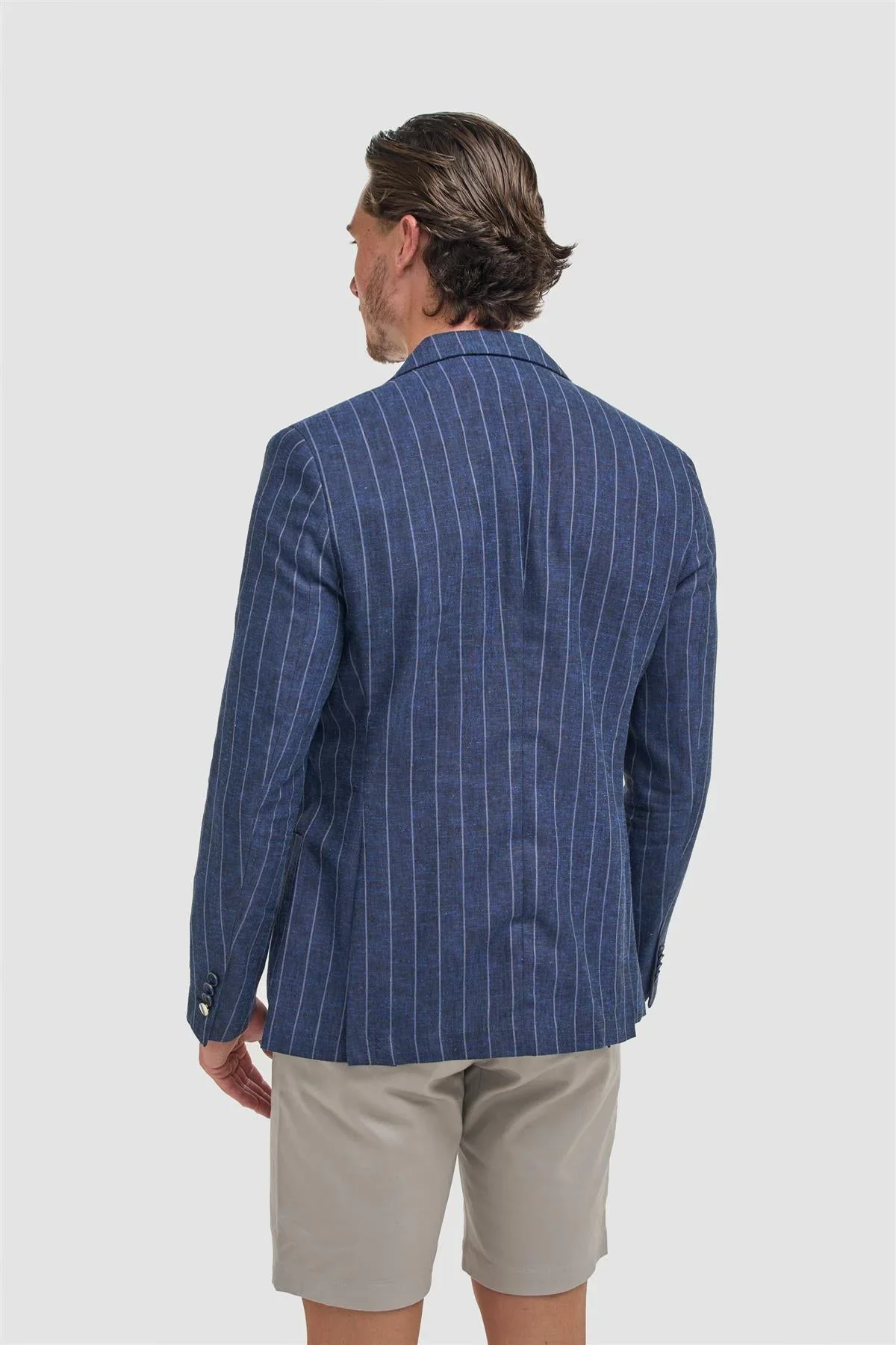 Men’s Linen Pinstripe Blazer with Patch Pockets - Piero - Navy Blue - Image 3