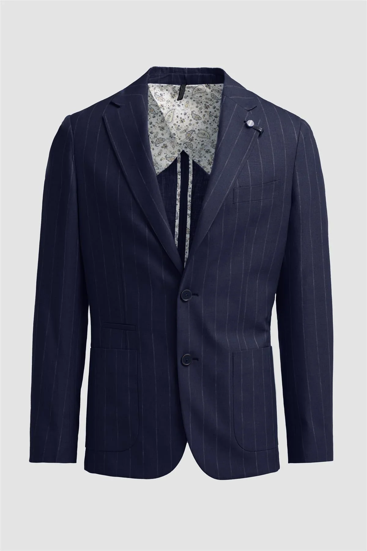Men’s Linen Pinstripe Blazer with Patch Pockets - Piero - Navy Blue - Image 4