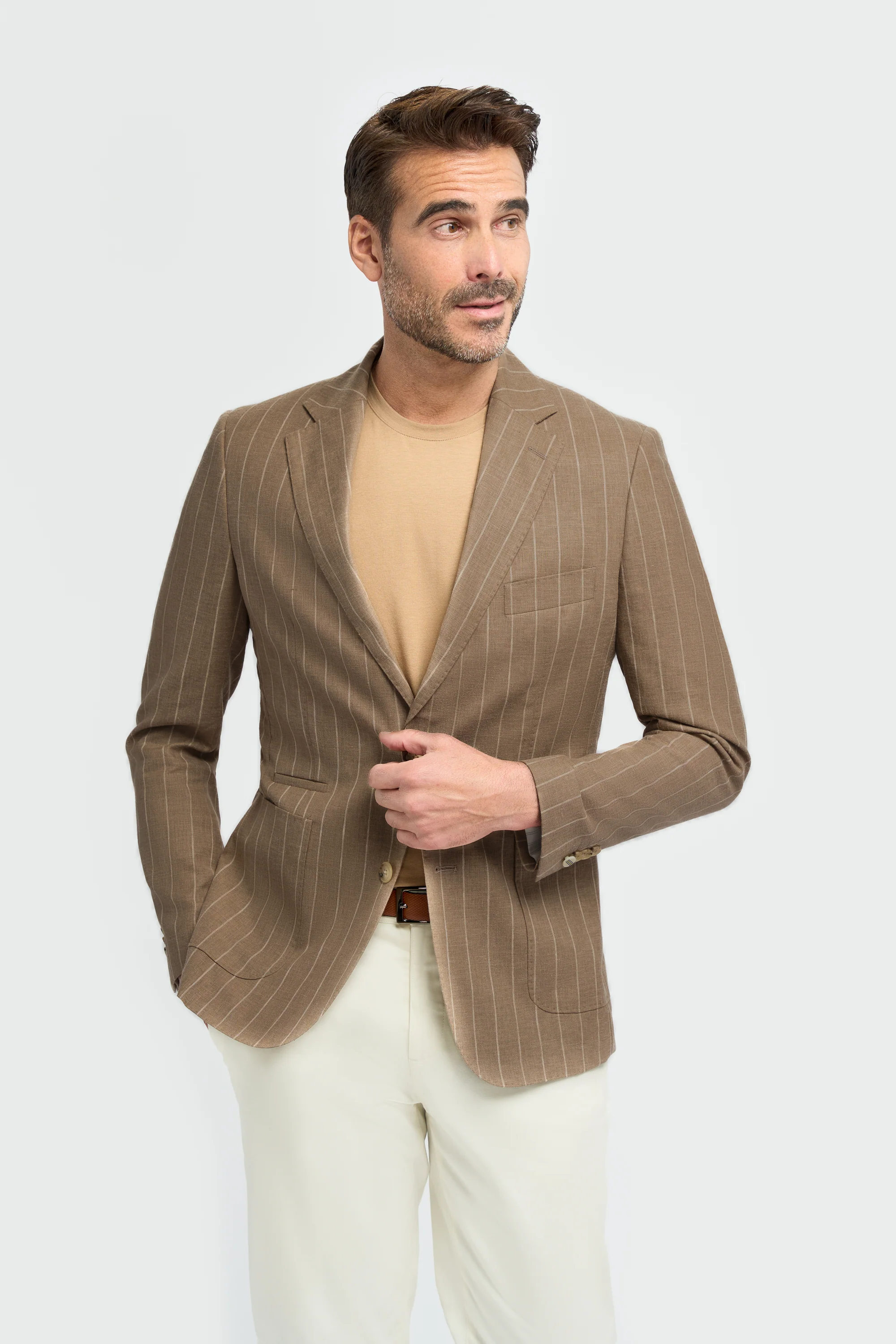 Men’s Linen Pinstripe Blazer with Patch Pockets - Piero - Sand Beige
