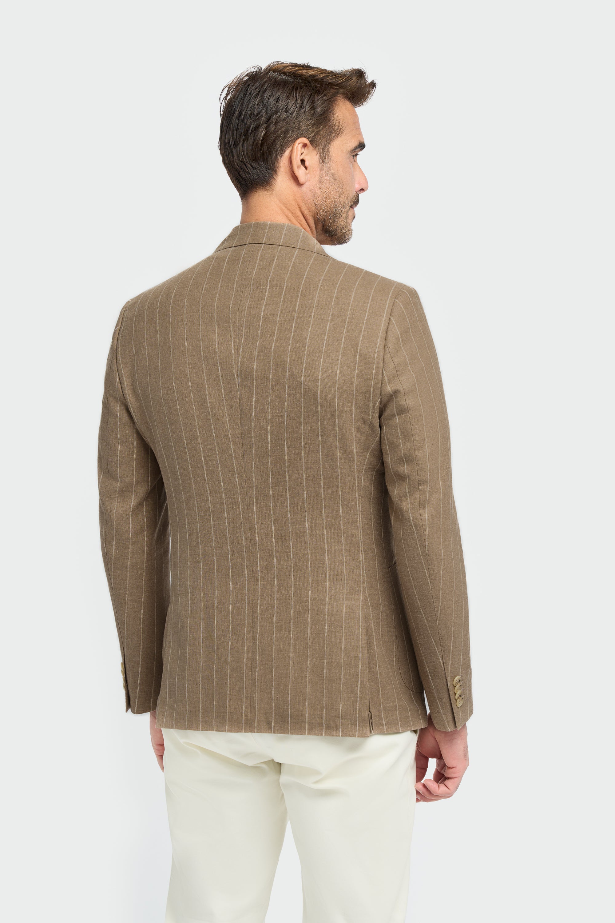 Men’s Linen Pinstripe Blazer with Patch Pockets - Piero - Sand Beige - Image 3