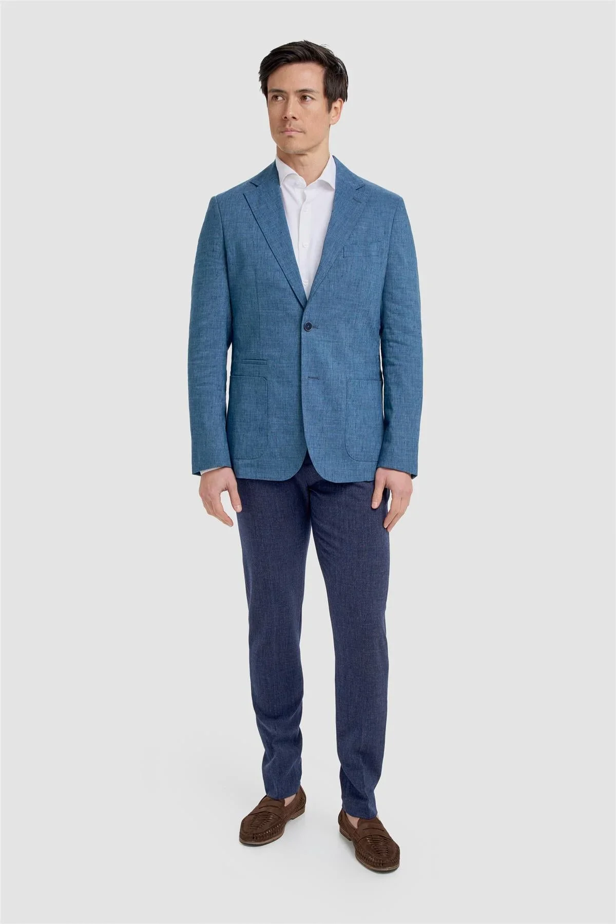 Men’s Linen Slim Fit Casual Blazer with Patch Pockets - Luca - Indigo Blue - Image 2