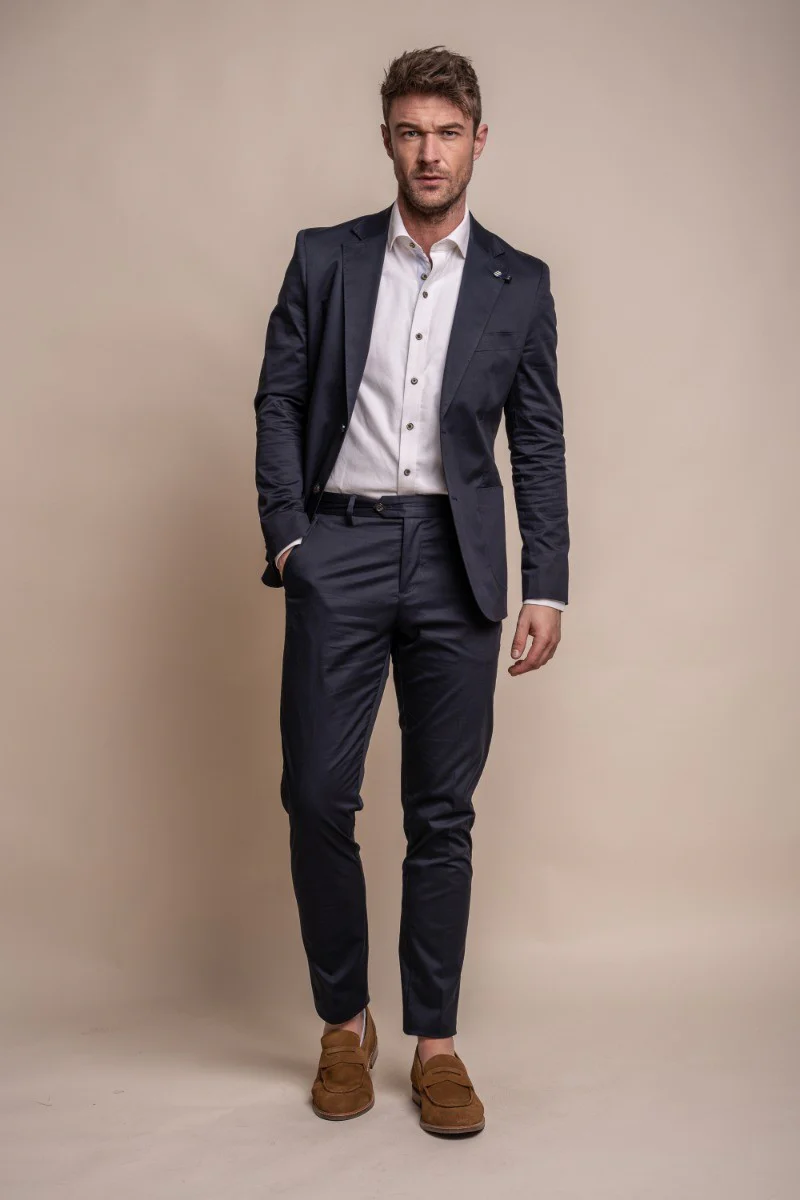Men's Cotton Slim Fit Formal Suit Jacket - MARIO - Navy Blue - Image 2