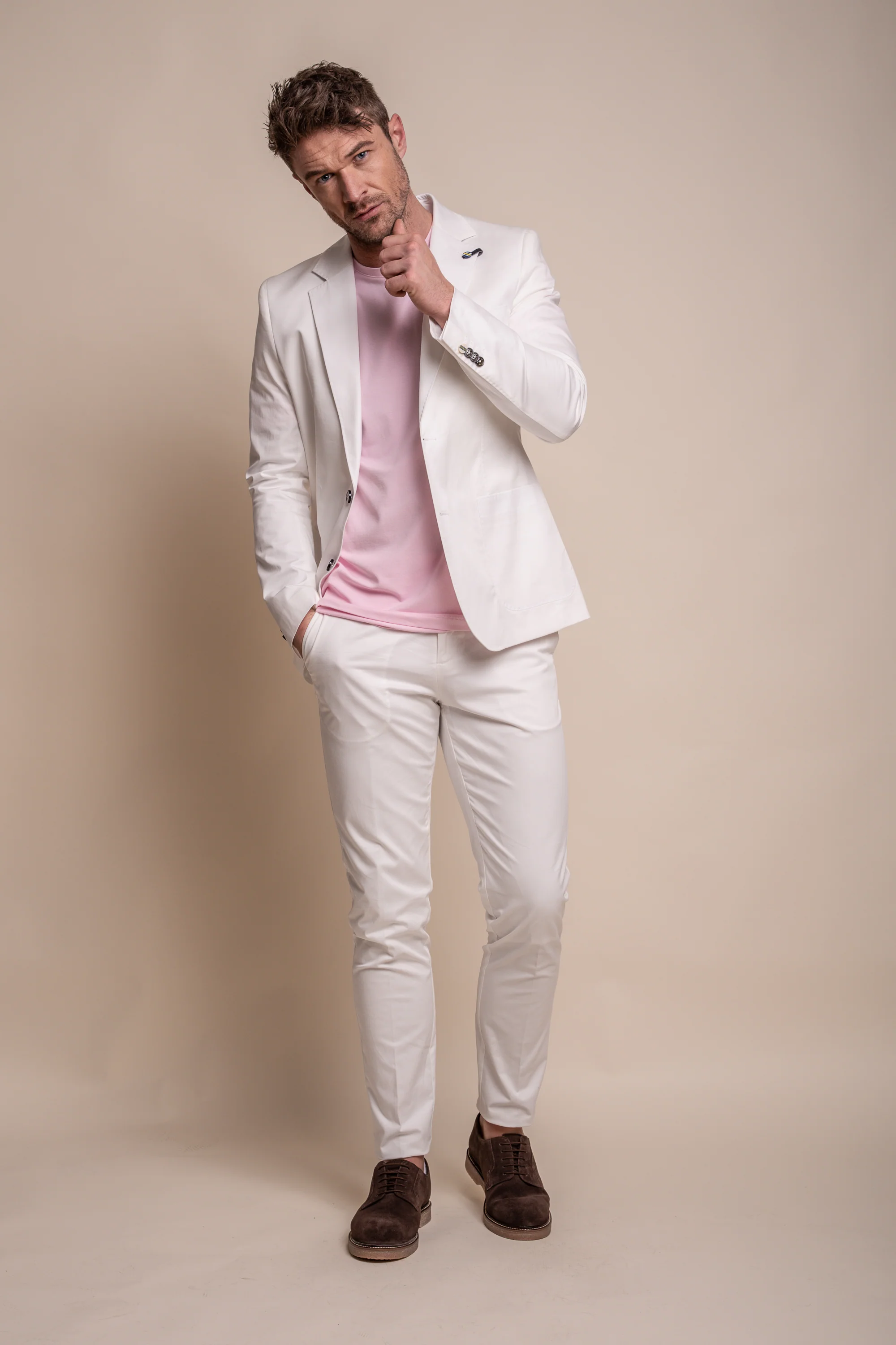 Men's Cotton Slim Fit Formal Trousers  - MARIO - Ecru - Image 4
