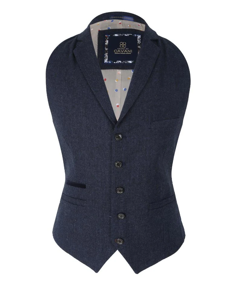 Men's Herringbone Tweed Slim Fit Waistcoat - MARTEZ - Navy Blue - Image 2