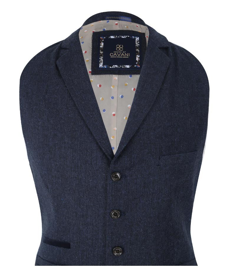 Men's Herringbone Tweed Slim Fit Waistcoat - MARTEZ - Navy Blue - Image 4