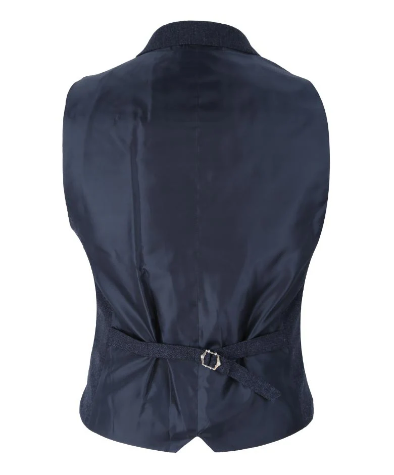 Men's Herringbone Tweed Slim Fit Waistcoat - MARTEZ - Navy Blue - Image 5