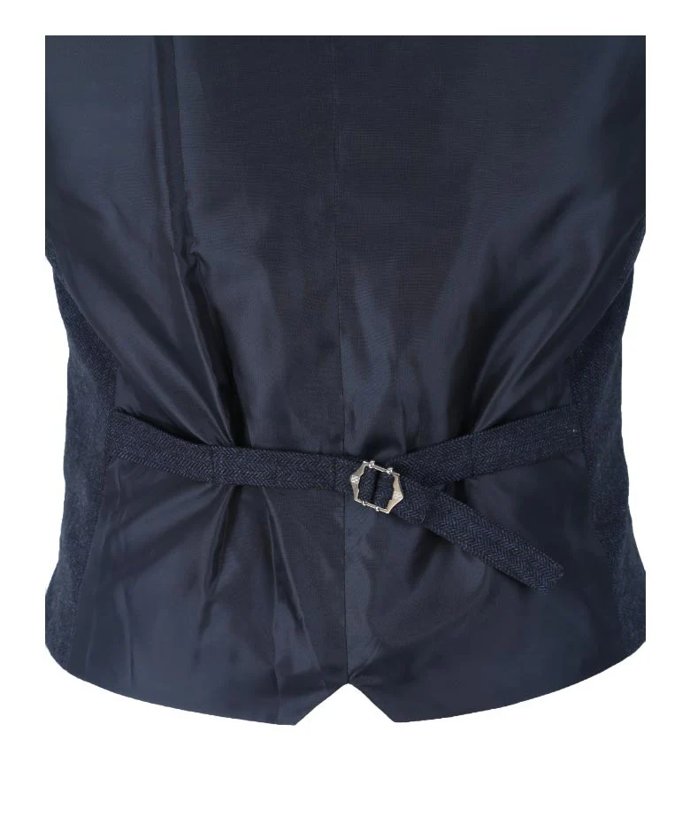 Men's Herringbone Tweed Slim Fit Waistcoat - MARTEZ - Navy Blue - Image 6