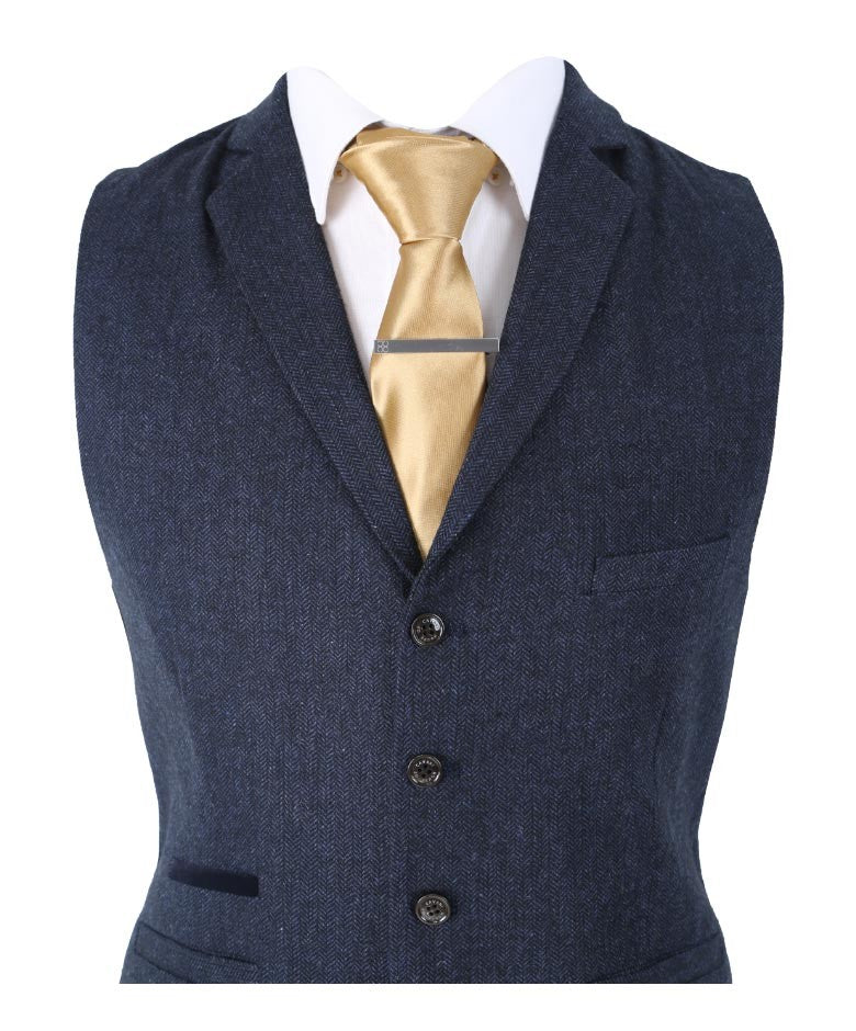 Men's Herringbone Tweed Slim Fit Waistcoat - MARTEZ - Navy Blue - Image 7