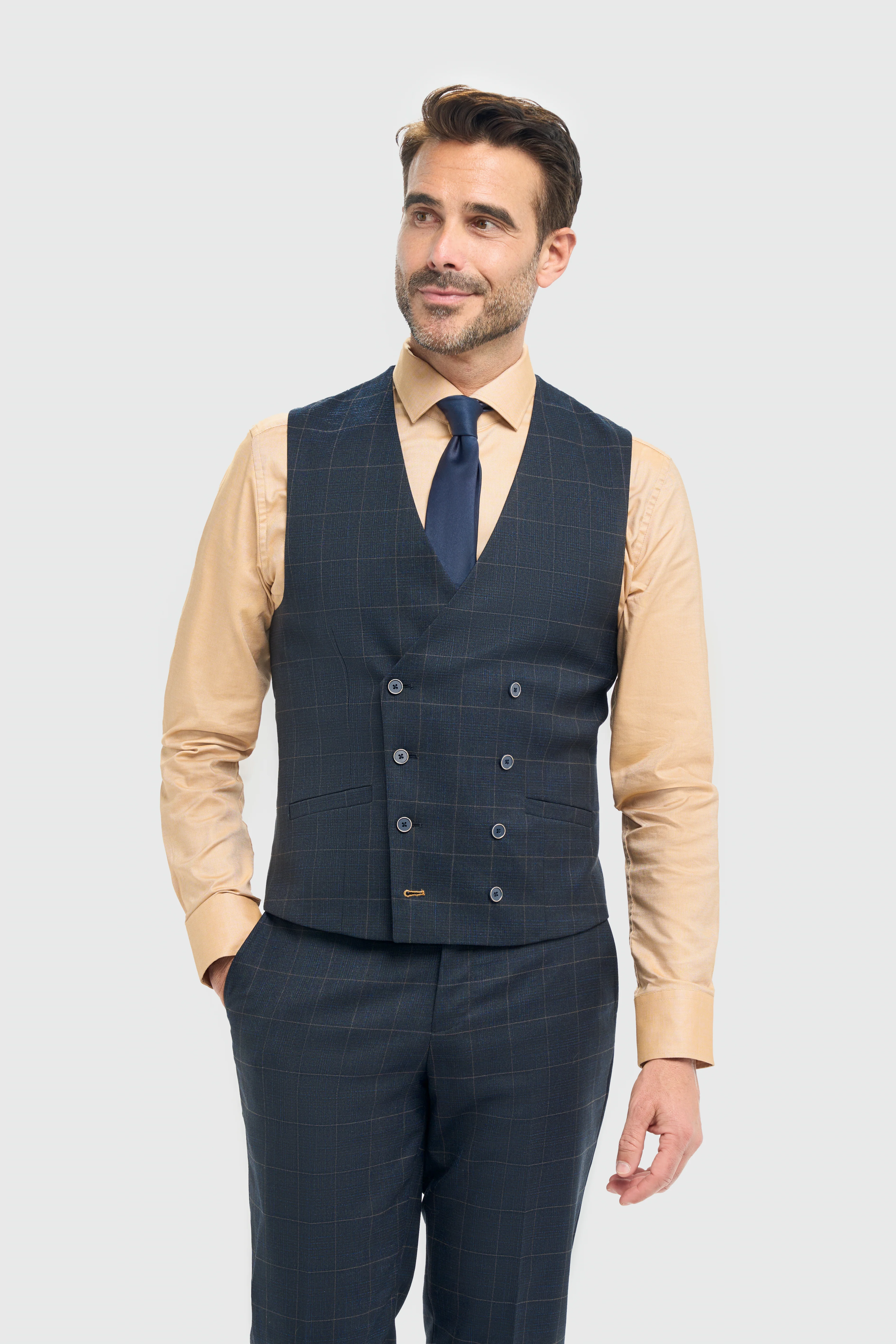 Men’s Navy Windowpane Check Double Breasted Waistcoat - Torino