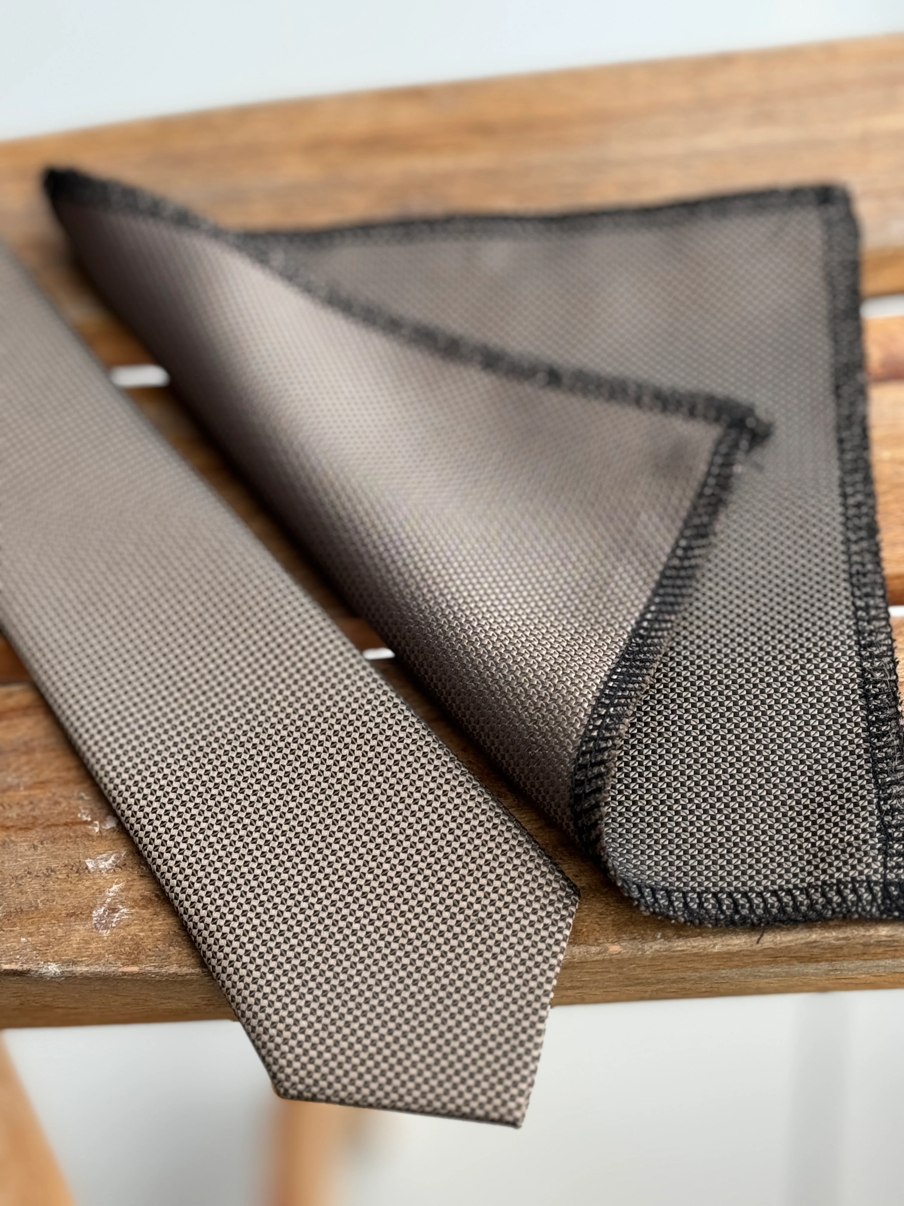 Men’s Oxford Weave Slim Tie Formal Neckwear- Taupe Beige - Image 2