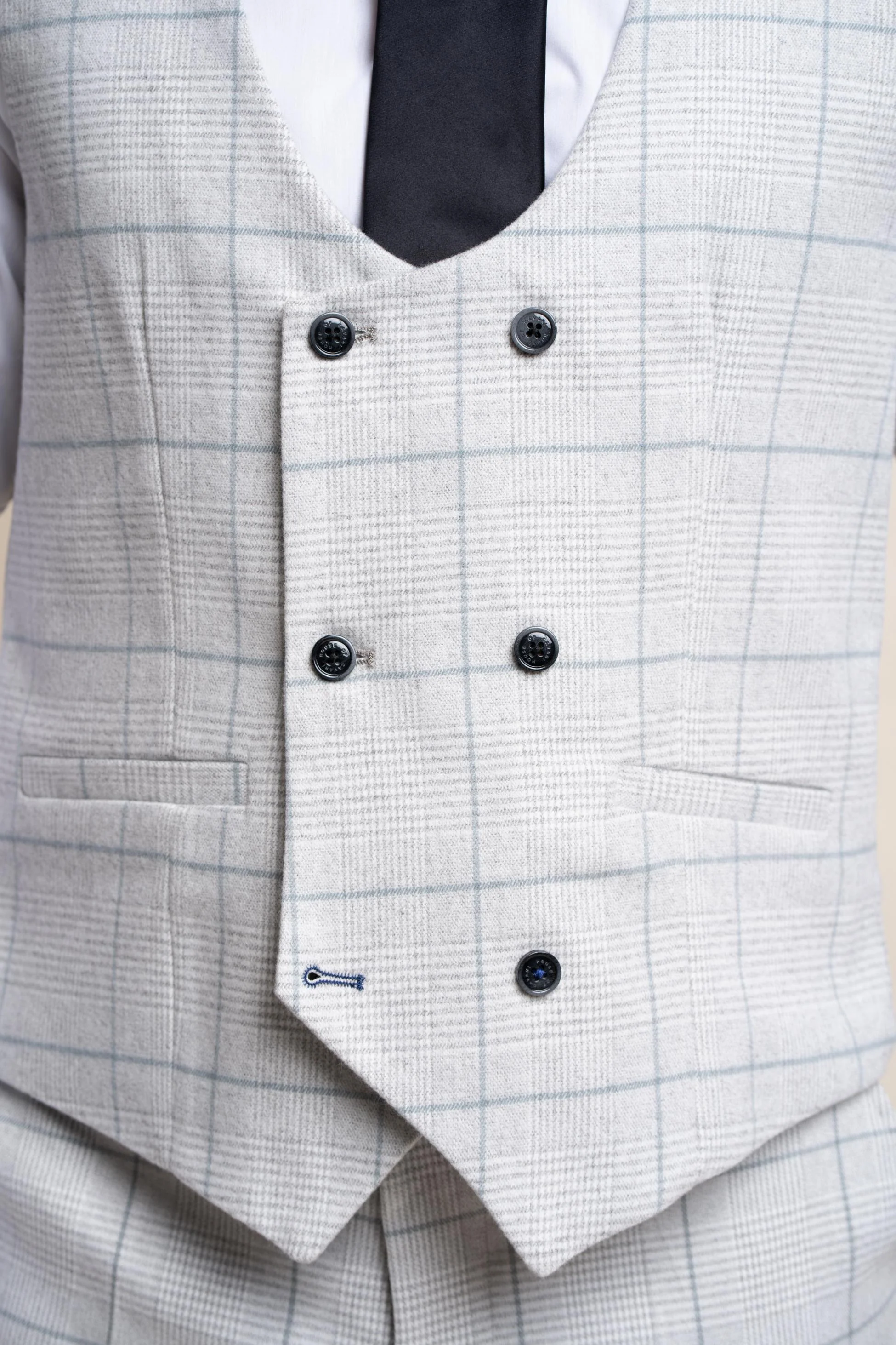 Men's Double Breasted Retro Check Grey Waistcoat - RADIKA - Light Grey - Image 6