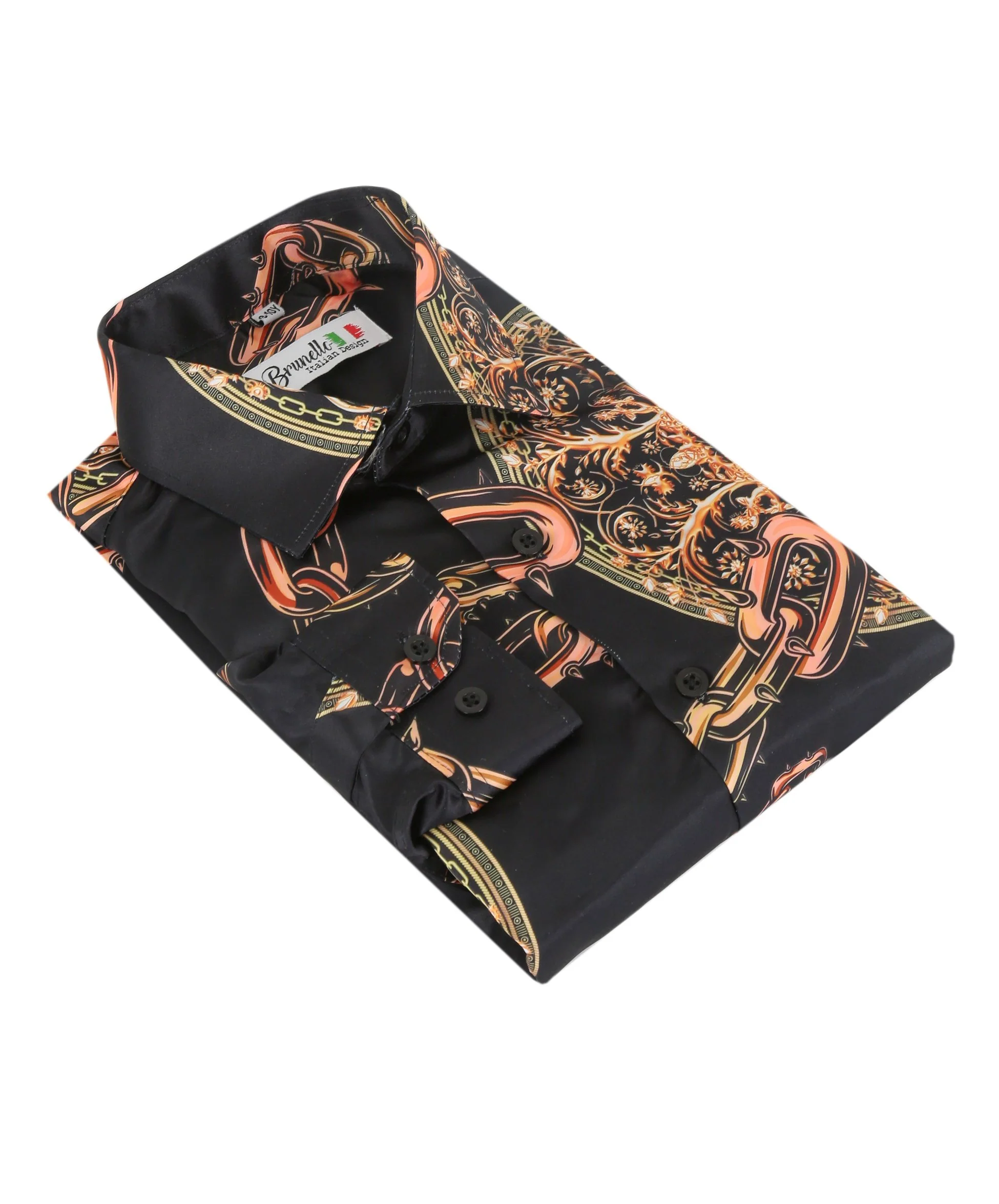 Men's Long Sleeve Printed Satin Shirt - Black and Orange - Image 2