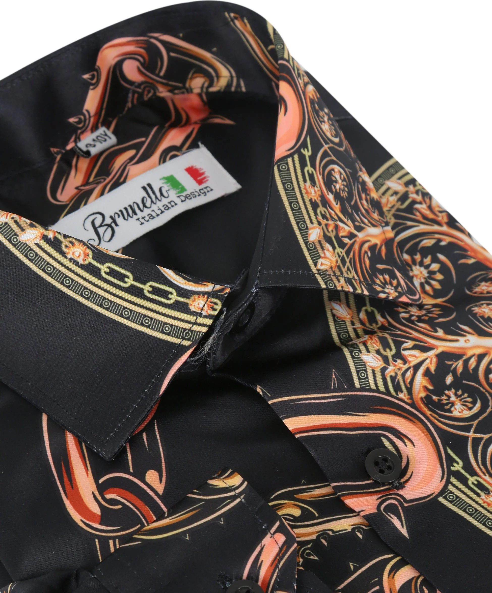 Men's Long Sleeve Printed Satin Shirt - Black and Orange - Image 3
