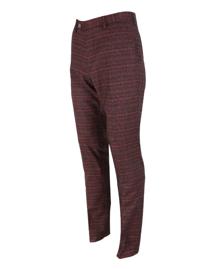 Men's Slim Fit Check Tweed Trousers - CARLY Wine - Wine - Image 2