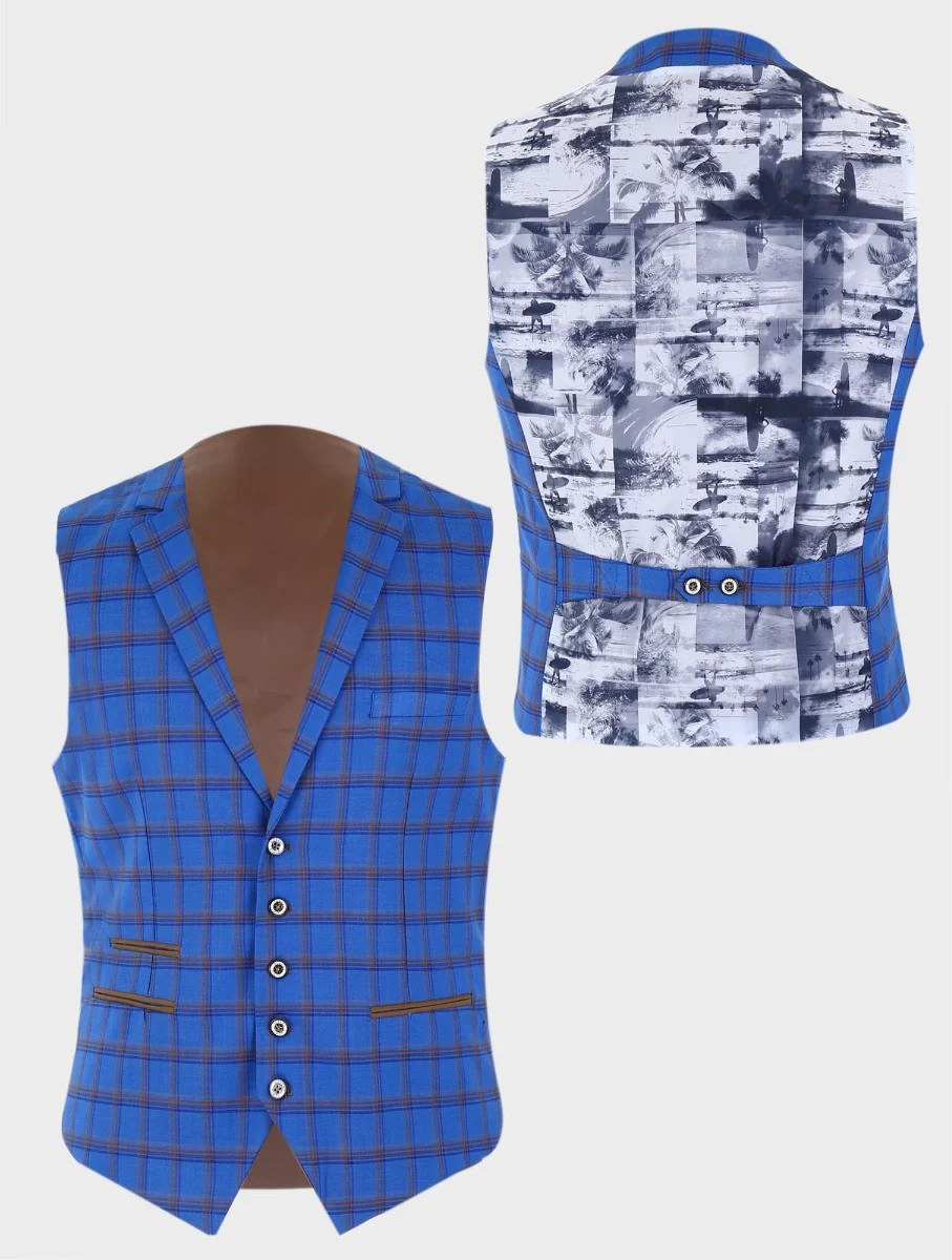 Men's Slim Fit Retro Check Blazer and Waistcoat - GRAVANO - Royal Blue - Image 3