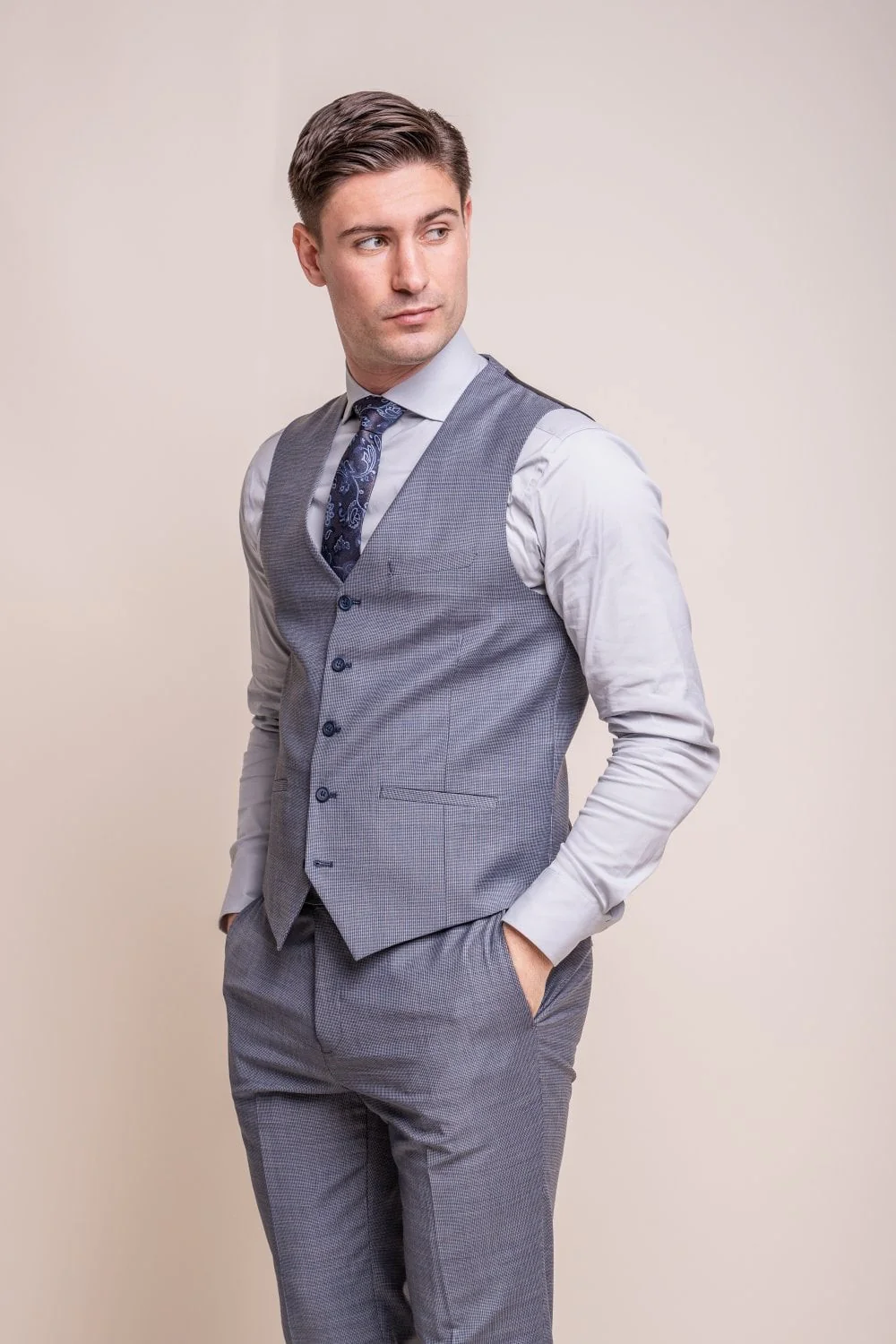 Men's Wool Blend Slim Fit Waistcoat - BOND - Puppytooth Grey