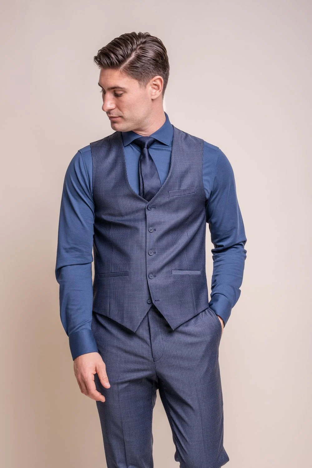 Men’s Wool Microcheck 3-Piece Formal Suit - Bond - Navy - Image 4