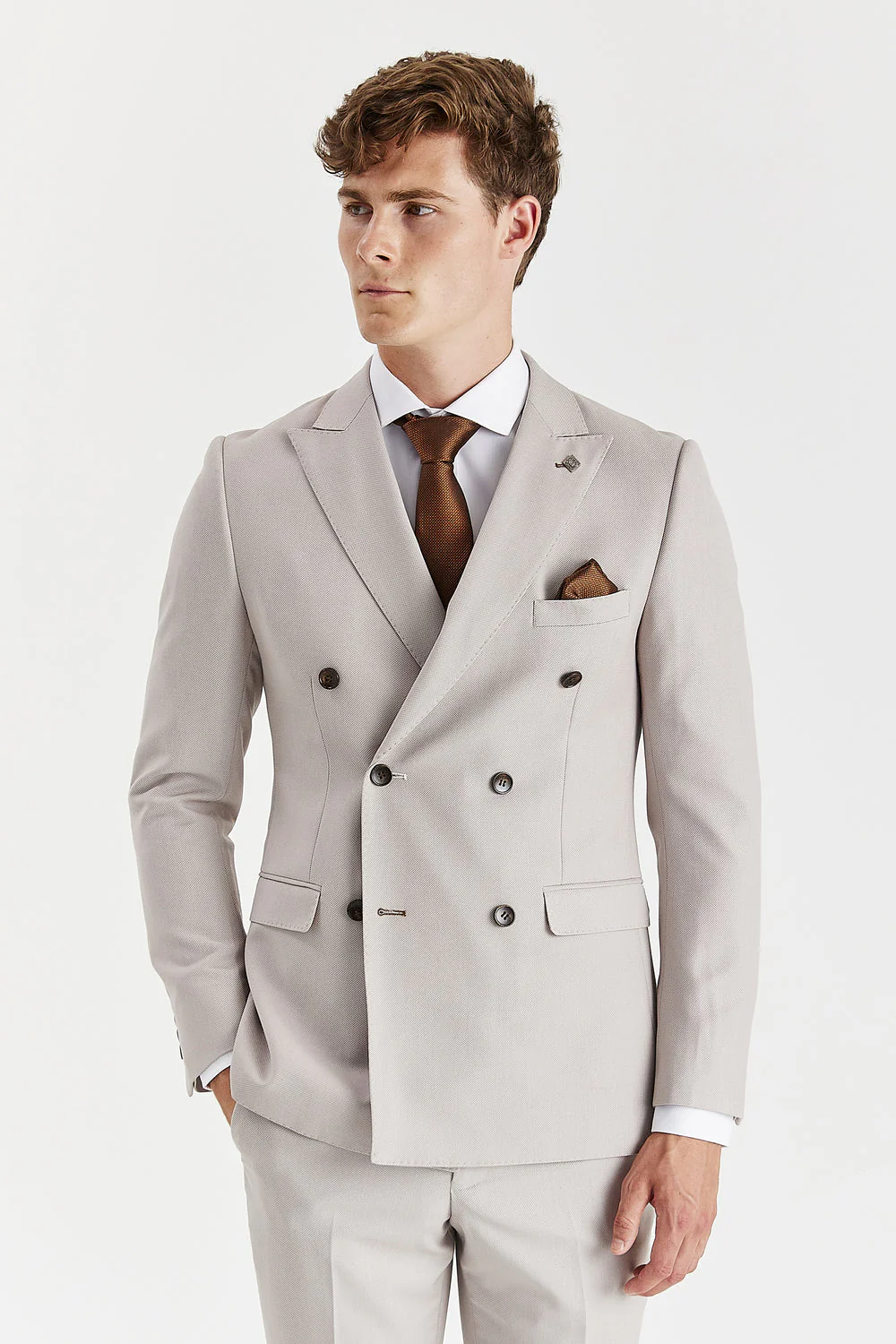 Men’s Tailored Fit Double Breasted Suit Jacket - MAYFAIR - Stone Beige