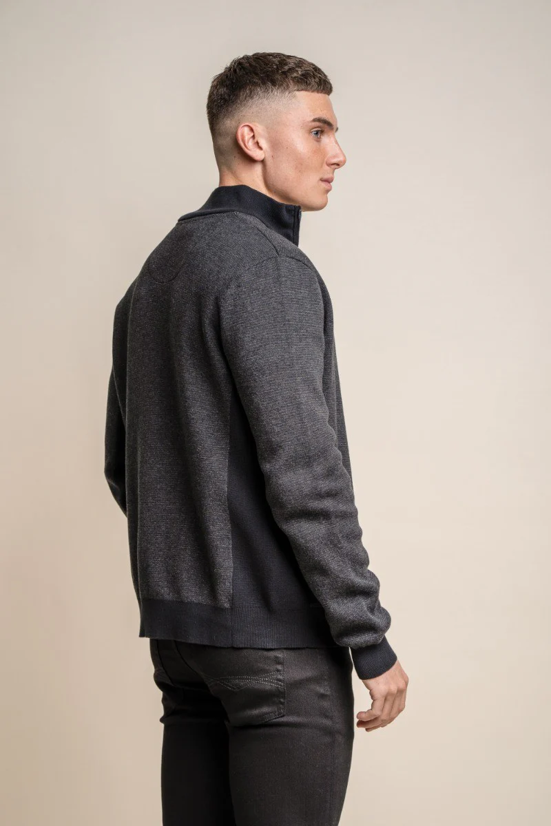 Men's Knitted Cotton Slim Fit Cardigan Jacket - ARTEGA - Charcoal Grey - Image 3