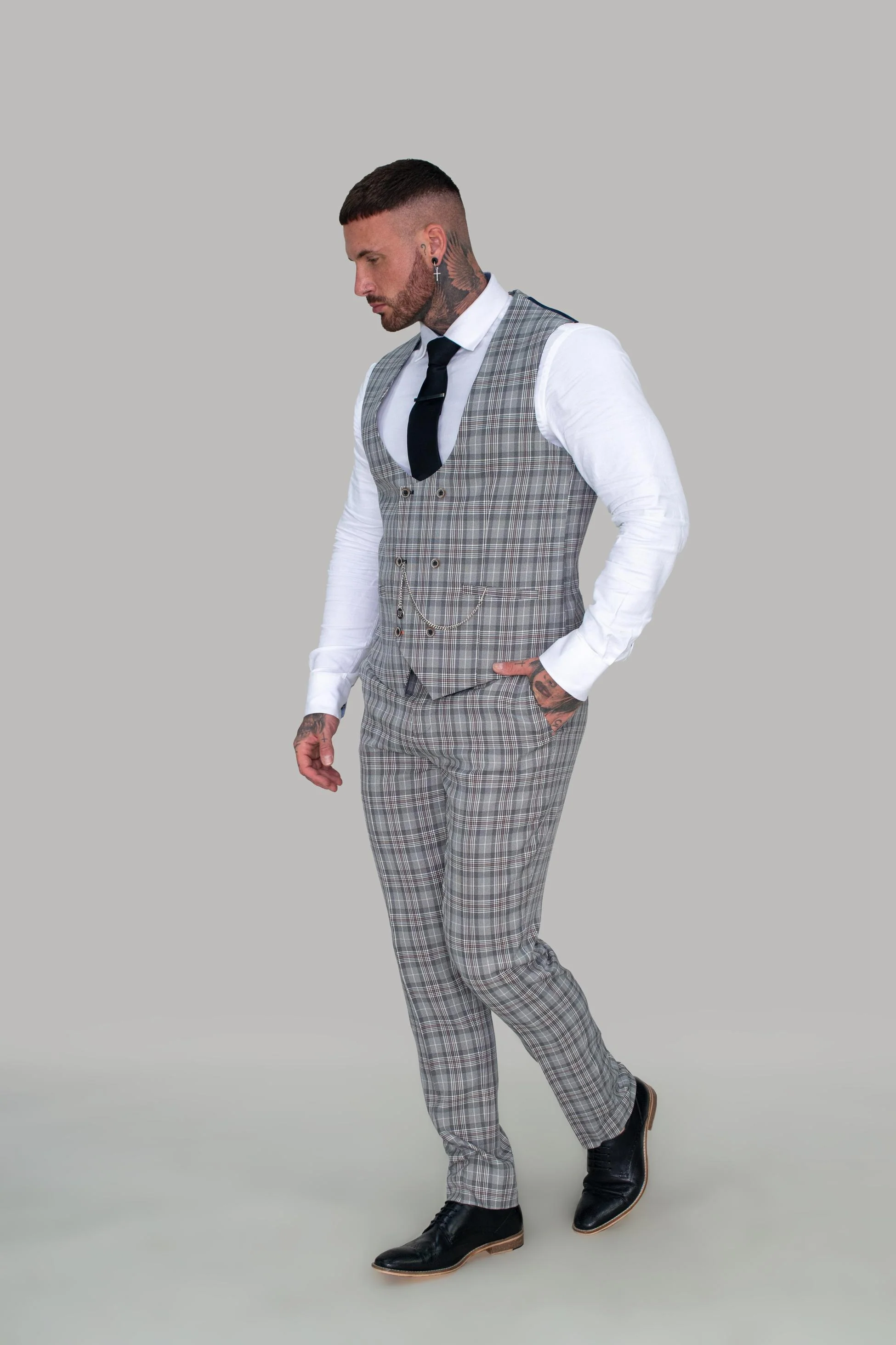 Men's Retro Check Skinny Fit Trousers- CALLIE Grey - Grey - Image 2