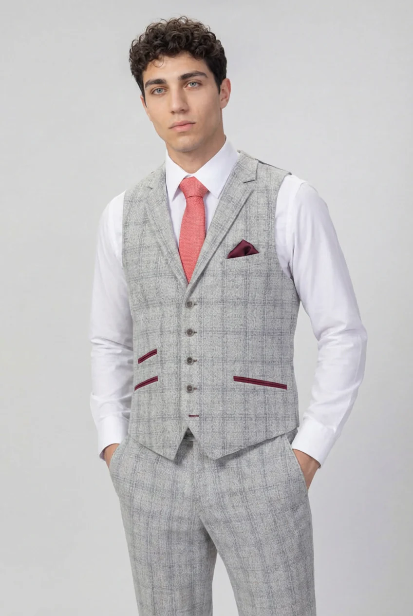 Men's Tweed Check Slim Fit Grey Suit - ANDREW - Grey - Image 4