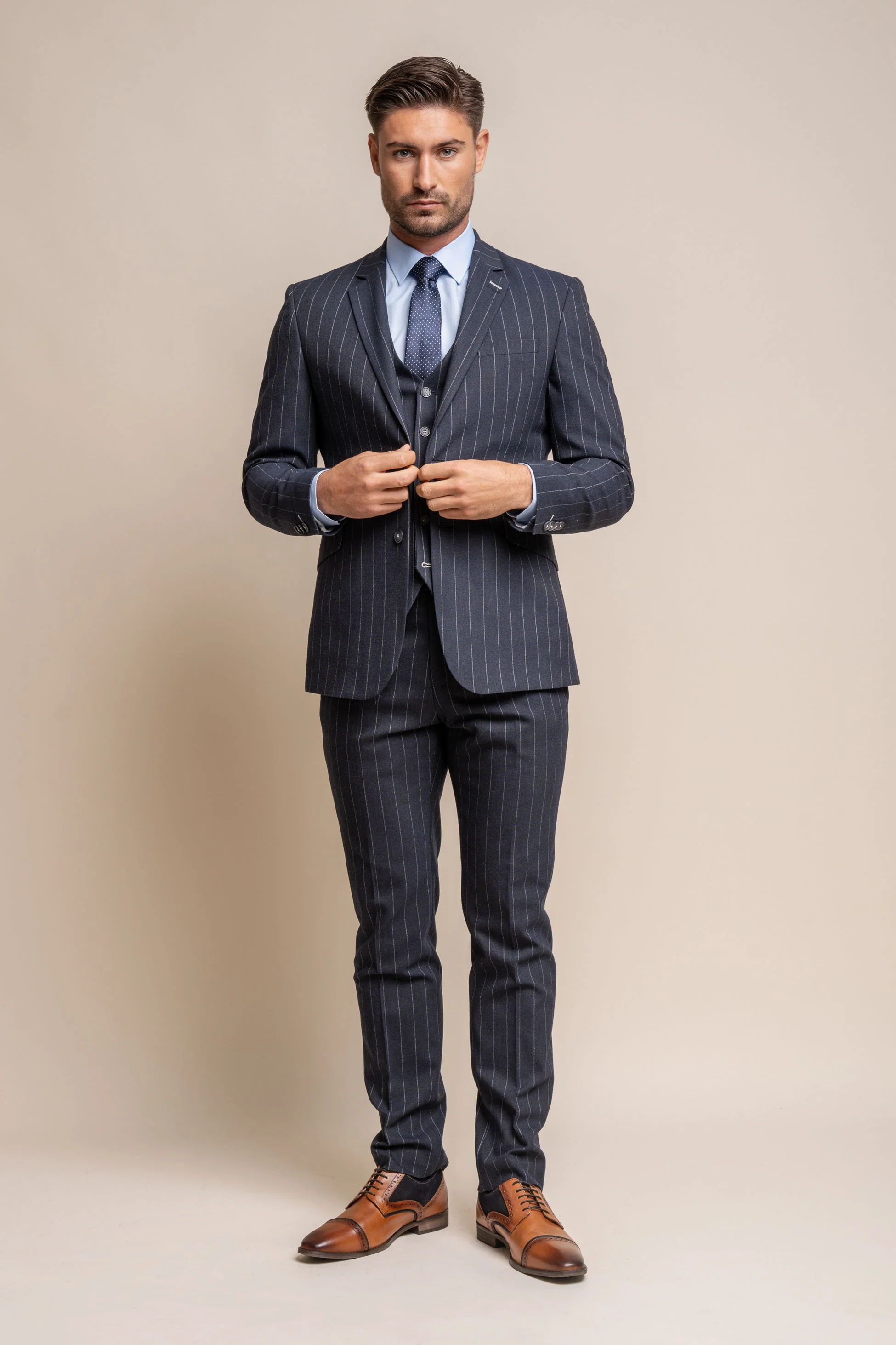Men's Pinstripe Slim Fit Navy Blue Suit -  Invincible - Navy Blue - Image 2