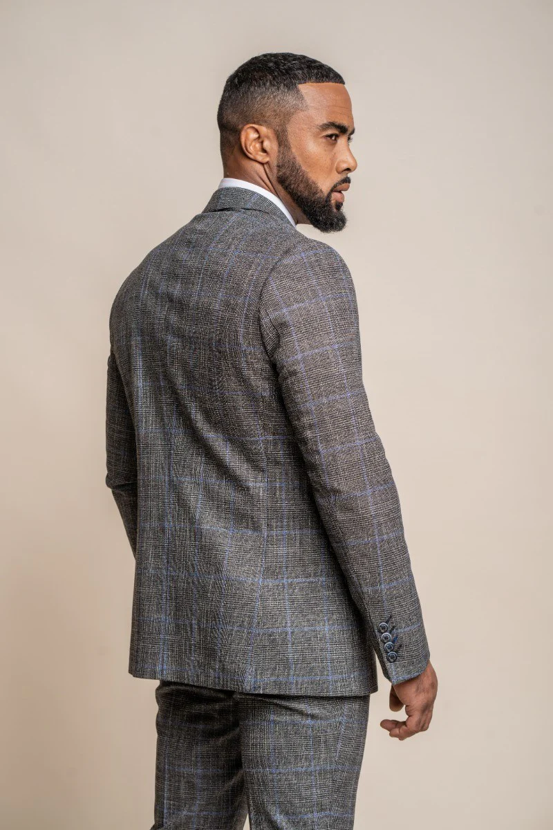 Men's Tweed Retro Check Grey Suit Jacket - POWER - Grey - Image 3
