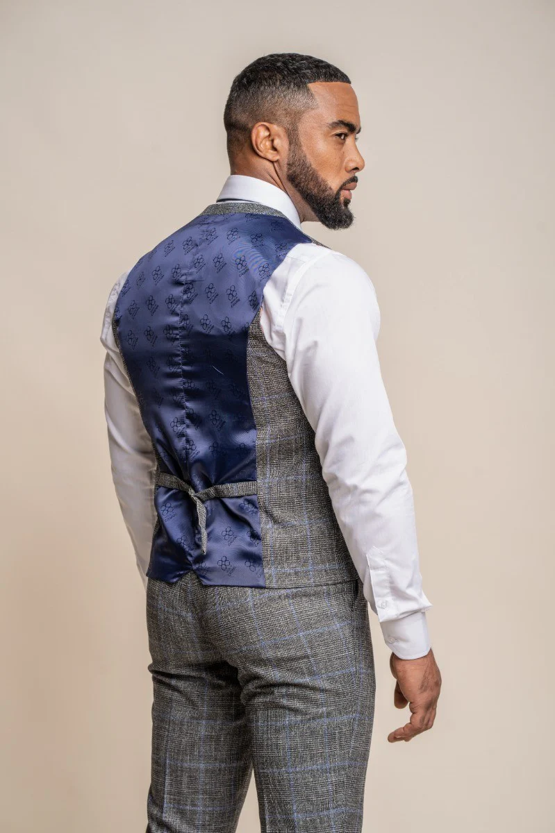 Men's Tweed Retro Check Grey Waistcoat - POWER - Grey - Image 3