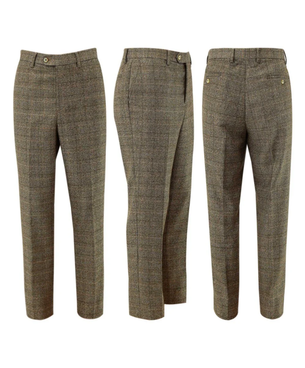 Men's Tweed Windowpane Check Trousers -MARCELLO DANIEL 5471T BEIGE - Beige - Image 4