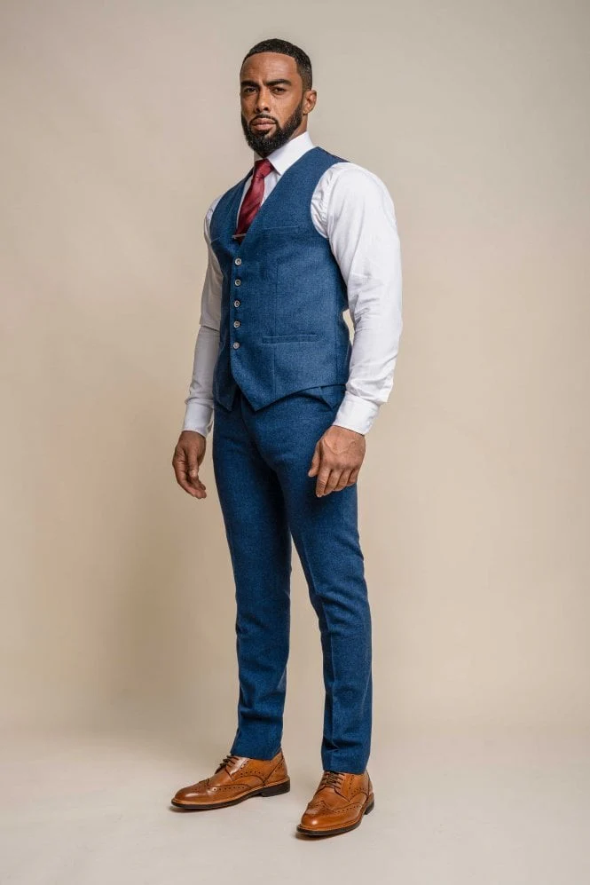 Men's Tweed Wool Slim Fit Formal Blue Waistcoat - ORSON - Blue - Image 2