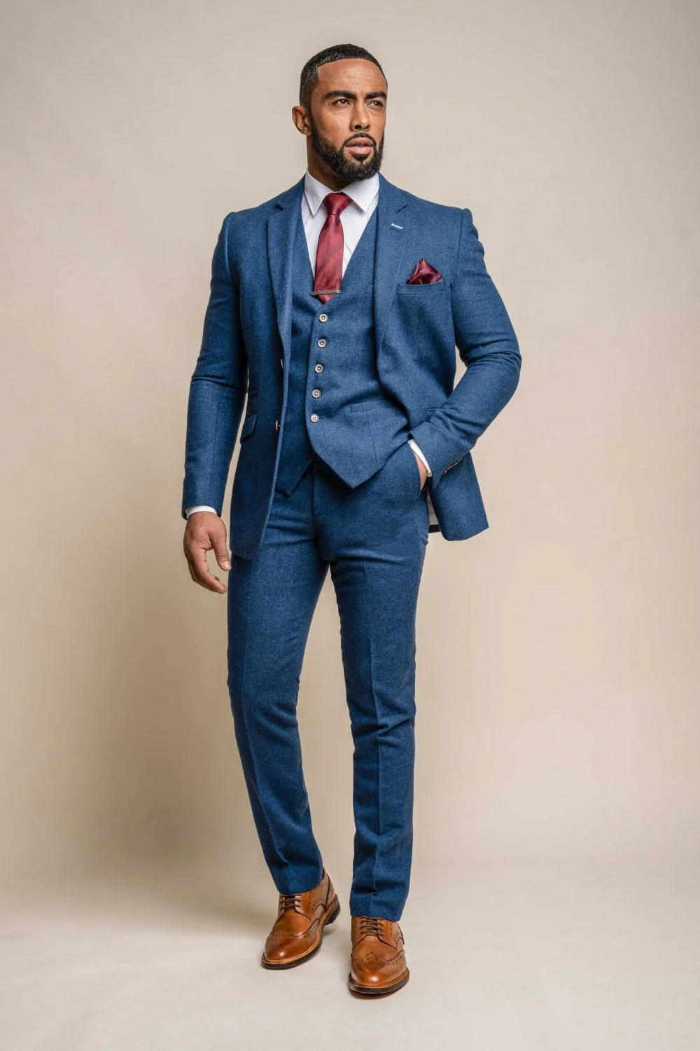 Men's Tweed Wool Slim Fit Formal Blue Suit Jacket - ORSON - Blue - Image 2
