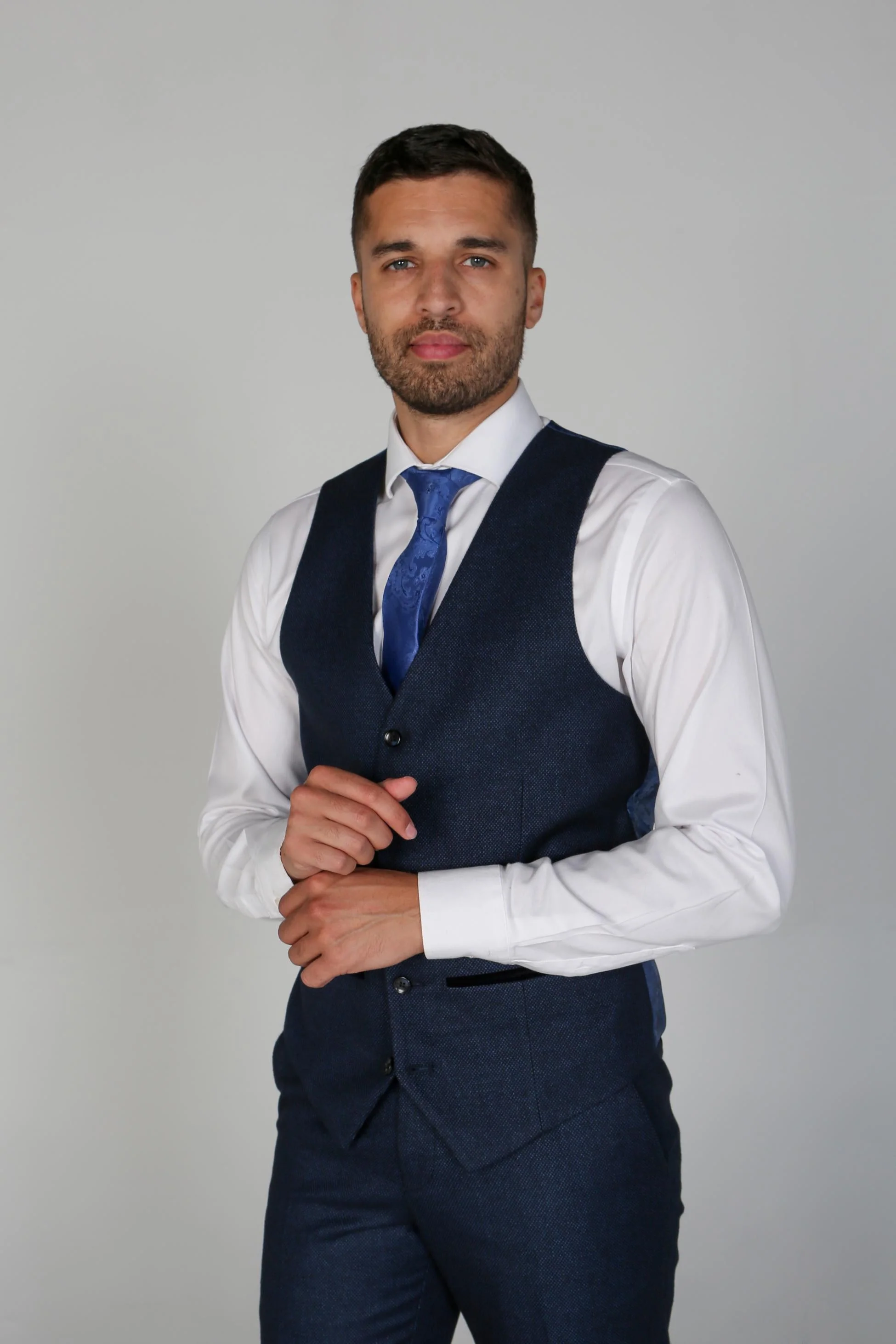 Men's Textured Formal Navy Blue Waistcoat- ARTHUR - Navy Blue - Image 5