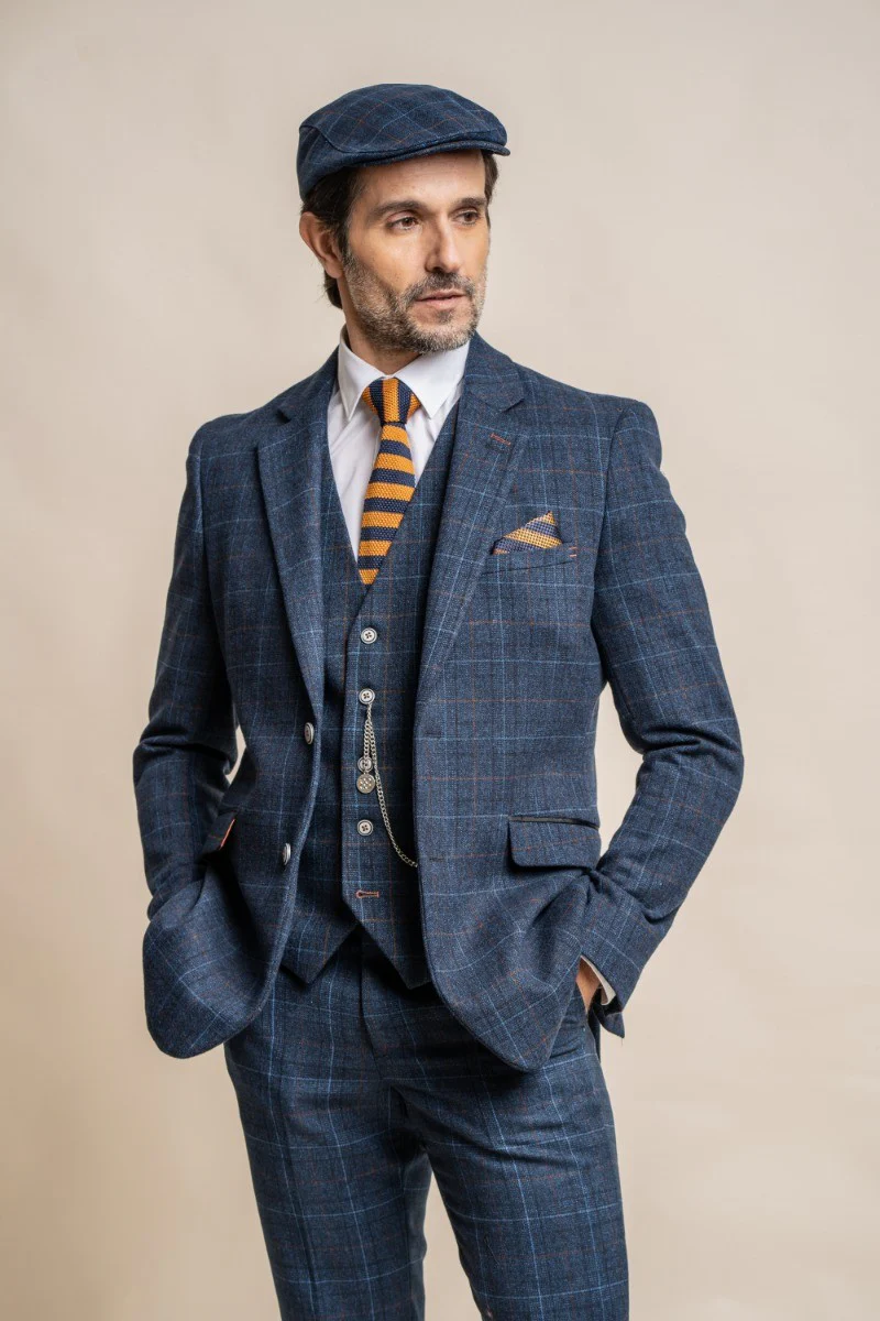 Men's Windowpane Check Tweed Blue Suit Jacket - CODY - Navy Blue - Image 3