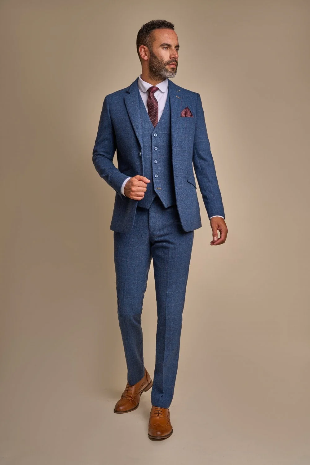 Men's Slim Fit Herringbone Tweed Suit Jacket - CARNEGI - Blue - Image 2