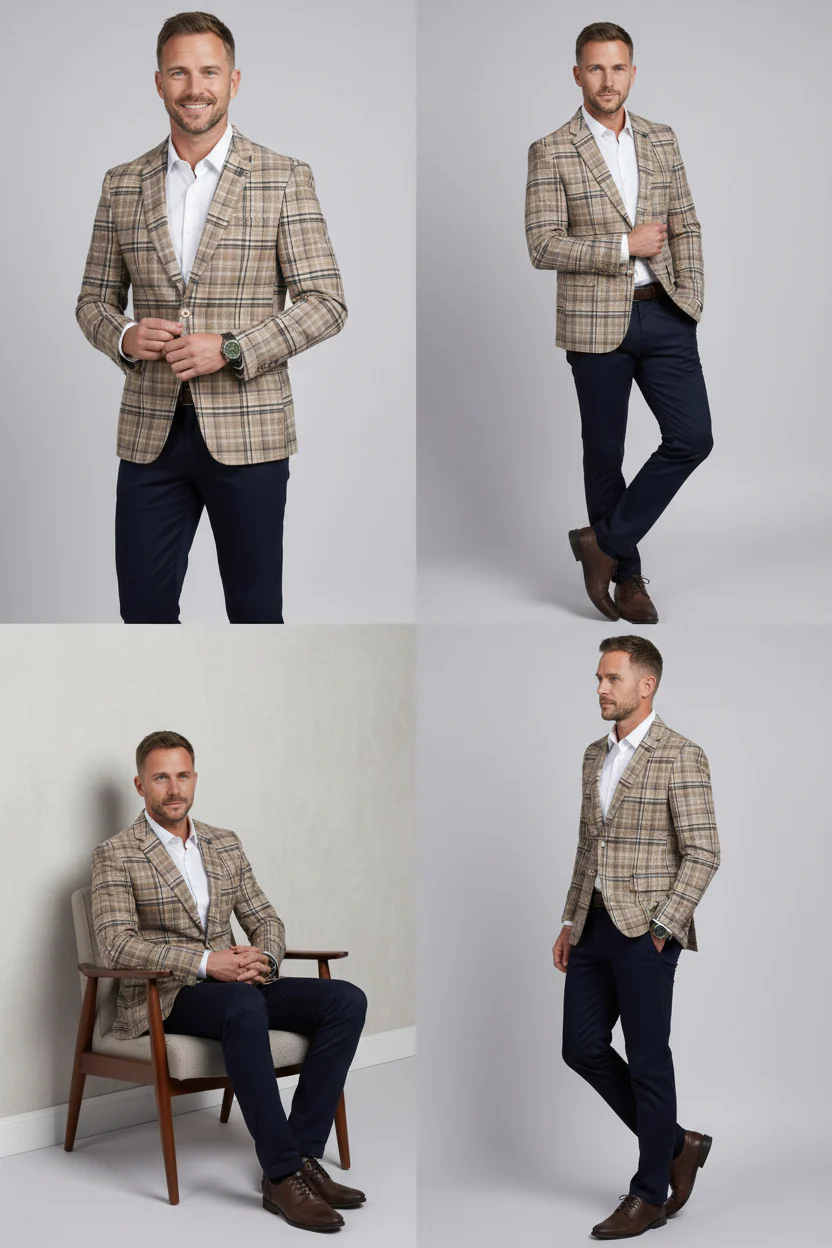 Men’s Wool Blend Plaid Check Blazer - George - Tan - Image 4