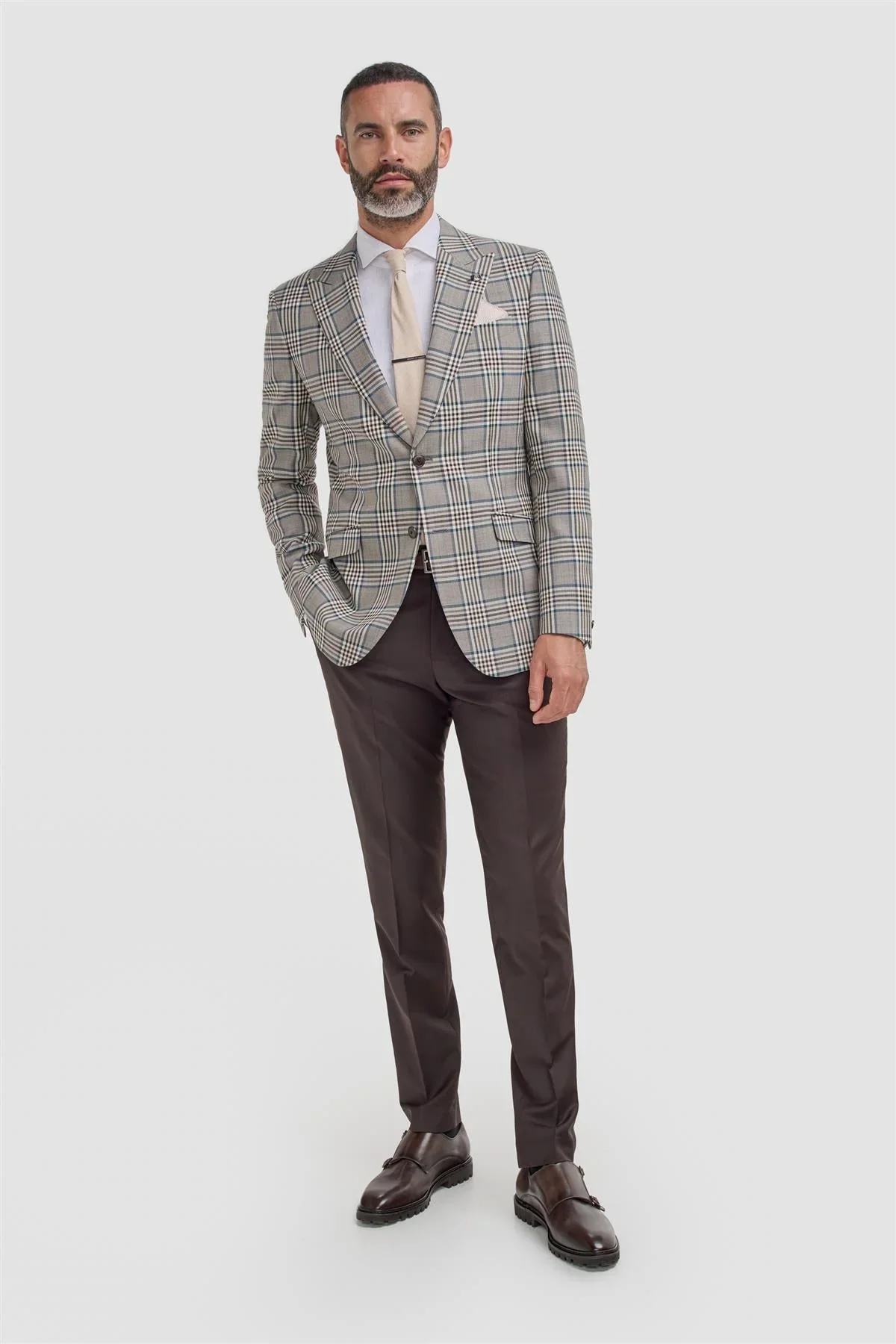 Men’s Wool Blend Plaid Check Blazer - Pietro - Beige - Image 2