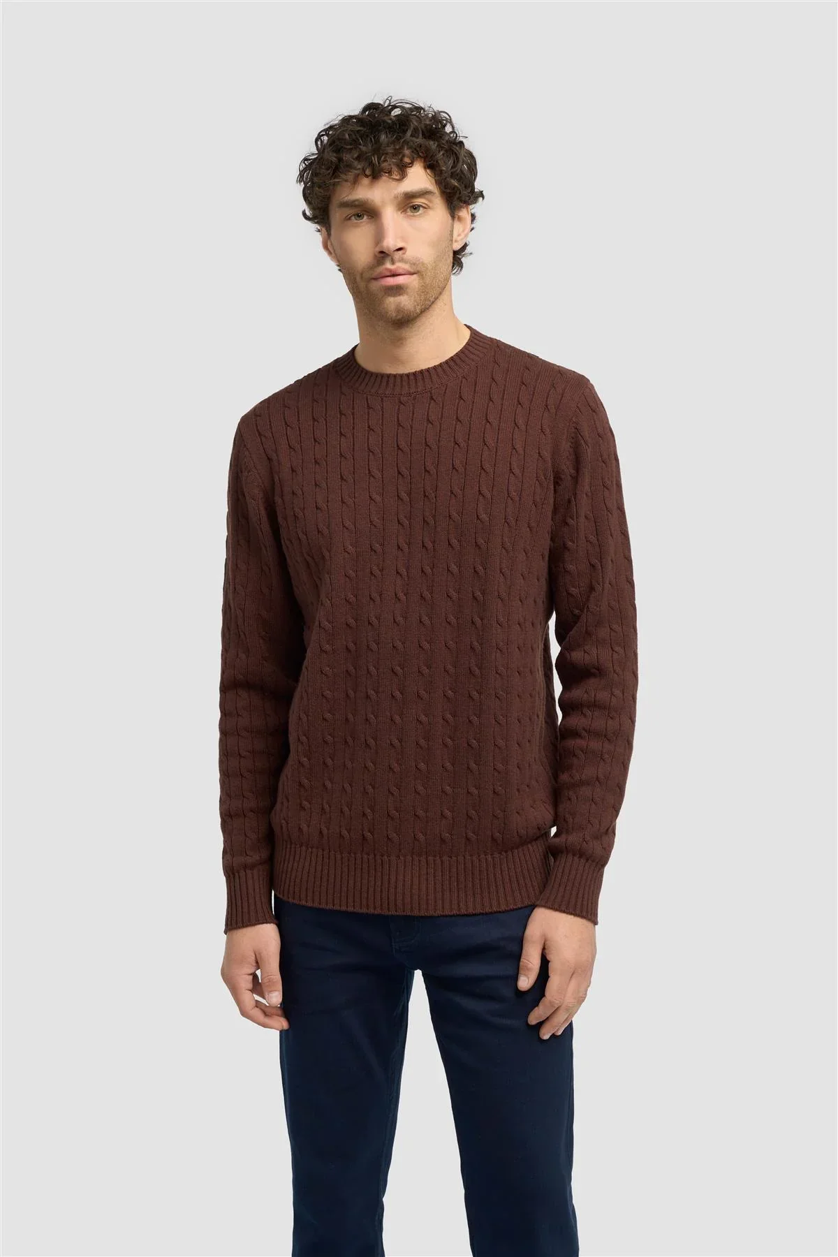 Men’s Wool Cable Knit Pullover Jumper - Foston - Brown