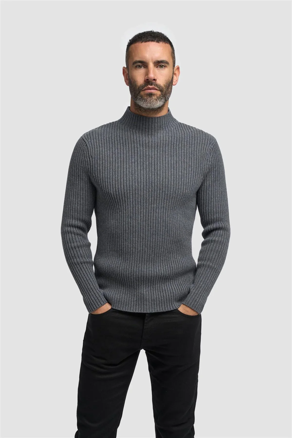 Men’s Wool-Cotton Blend Rib Knit Jumper - FOSCO - Grey