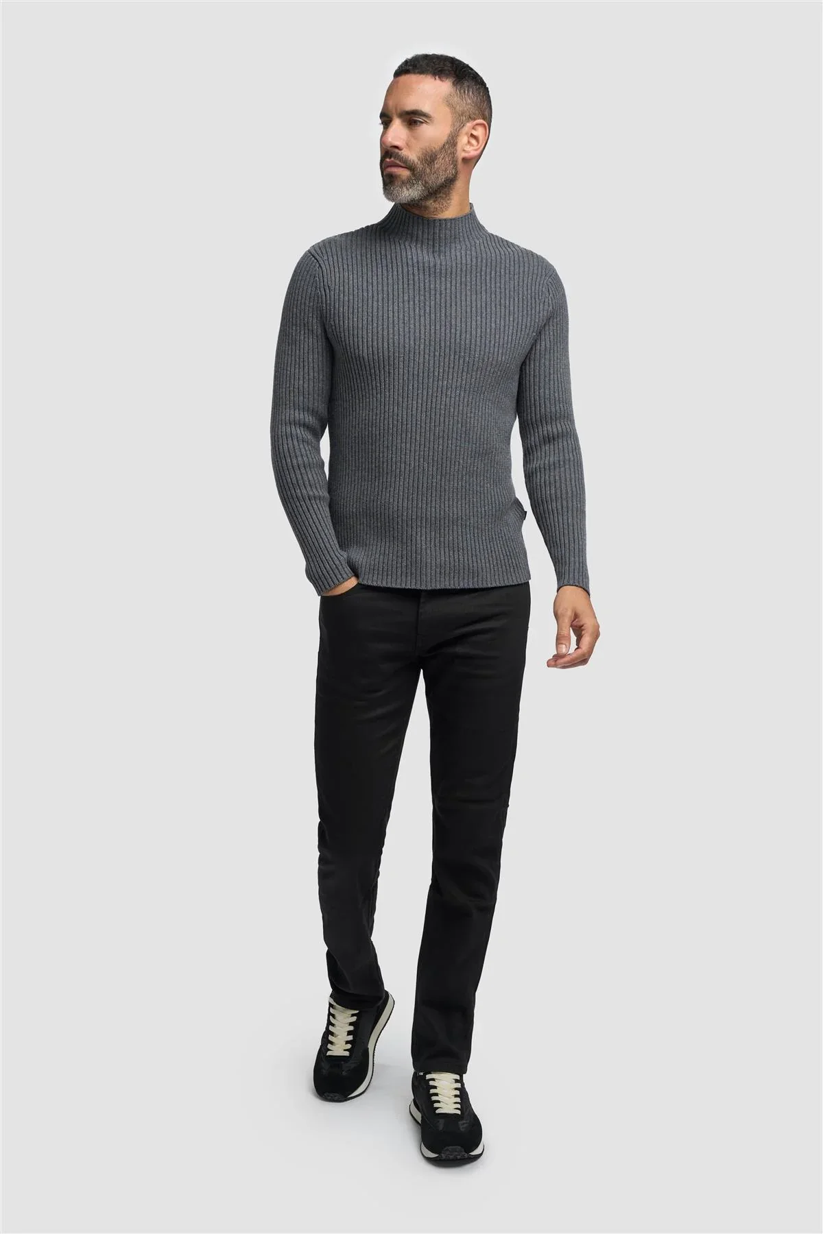Men’s Wool-Cotton Blend Rib Knit Jumper - FOSCO - Grey - Image 2