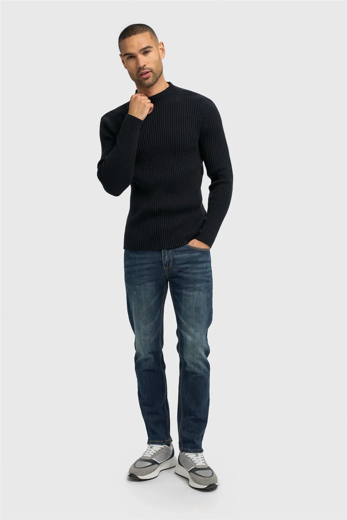 Men’s Wool-Cotton Blend Rib Knit Jumper - FOSCO - Navy - Image 2