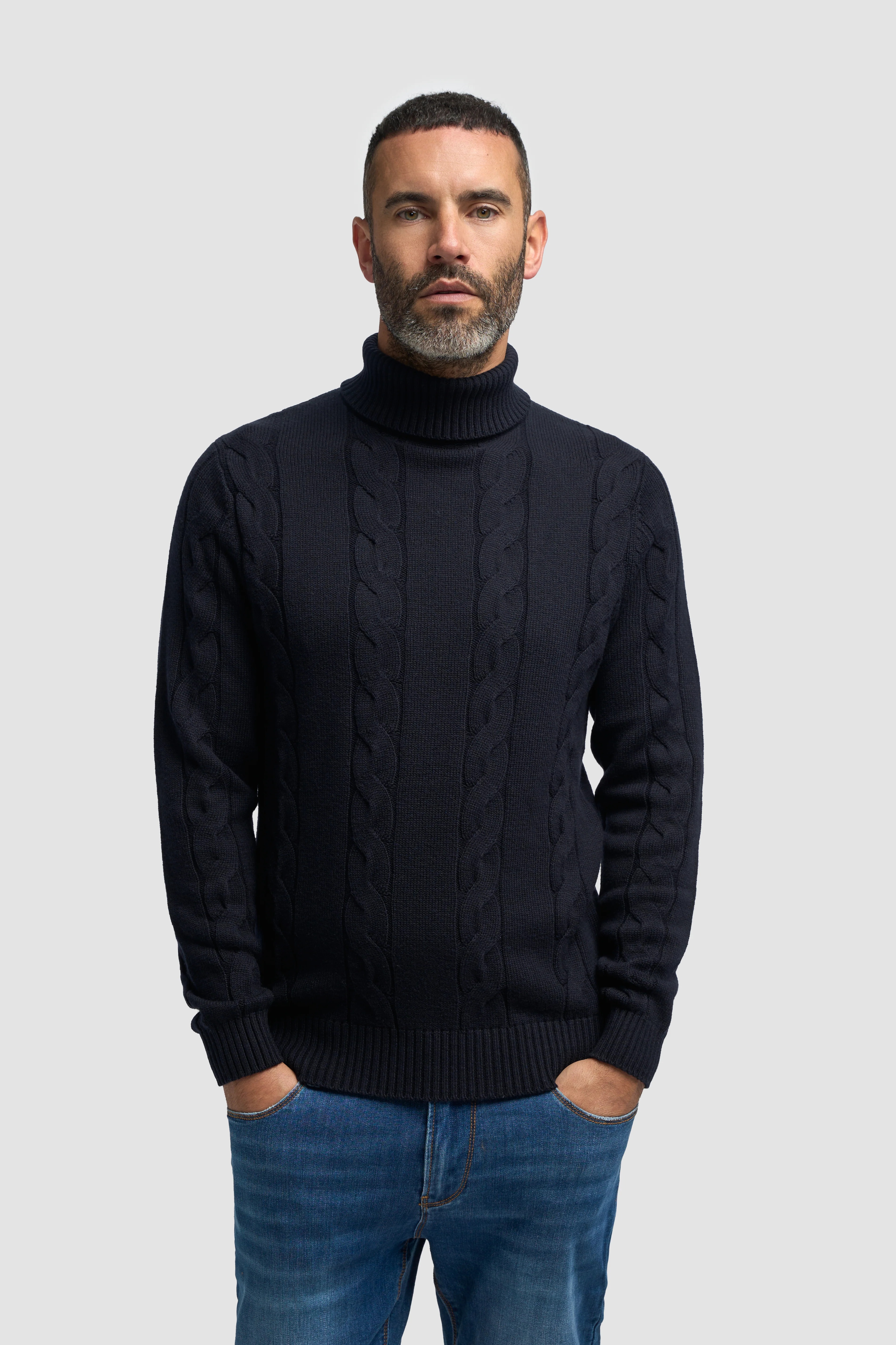 Men’s Wool-Cotton Cable Knit Roll Neck Jumper - Archie - Navy