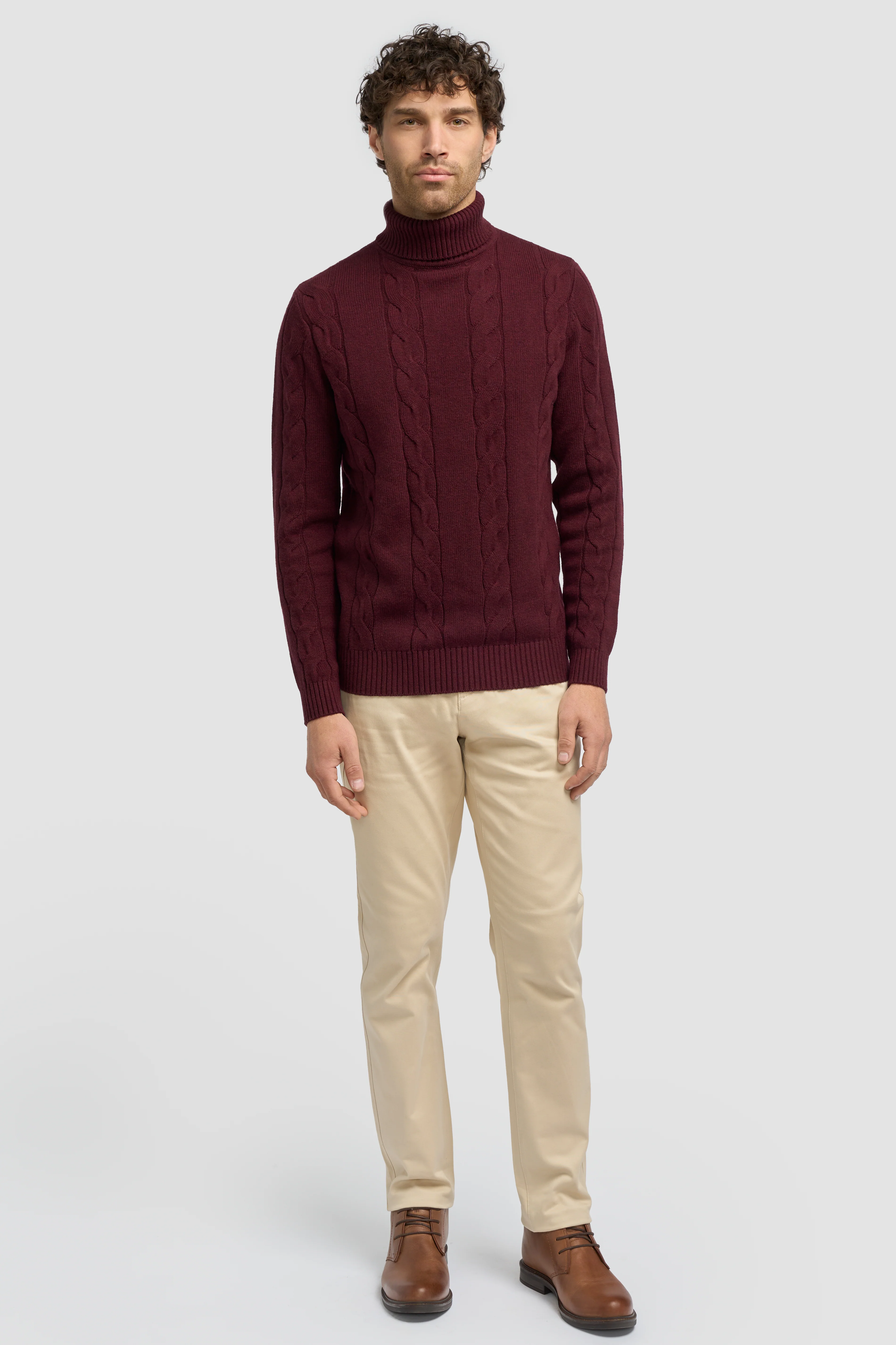Men’s Wool-Cotton Cable Knit Roll Neck Jumper - Archie - Wine - Image 2