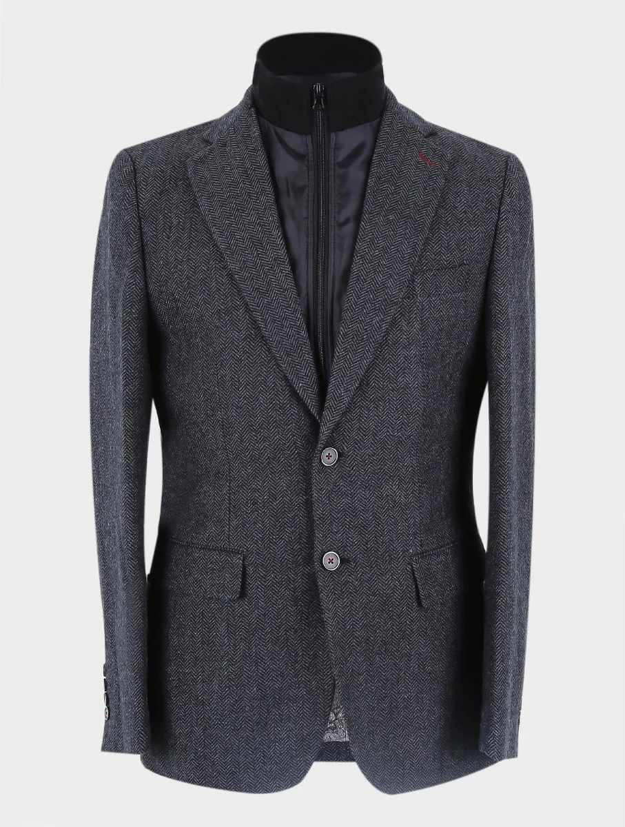 Men's Wool Herringbone Tweed Coat with Removable Zipper - Alexander - Black - Image 3