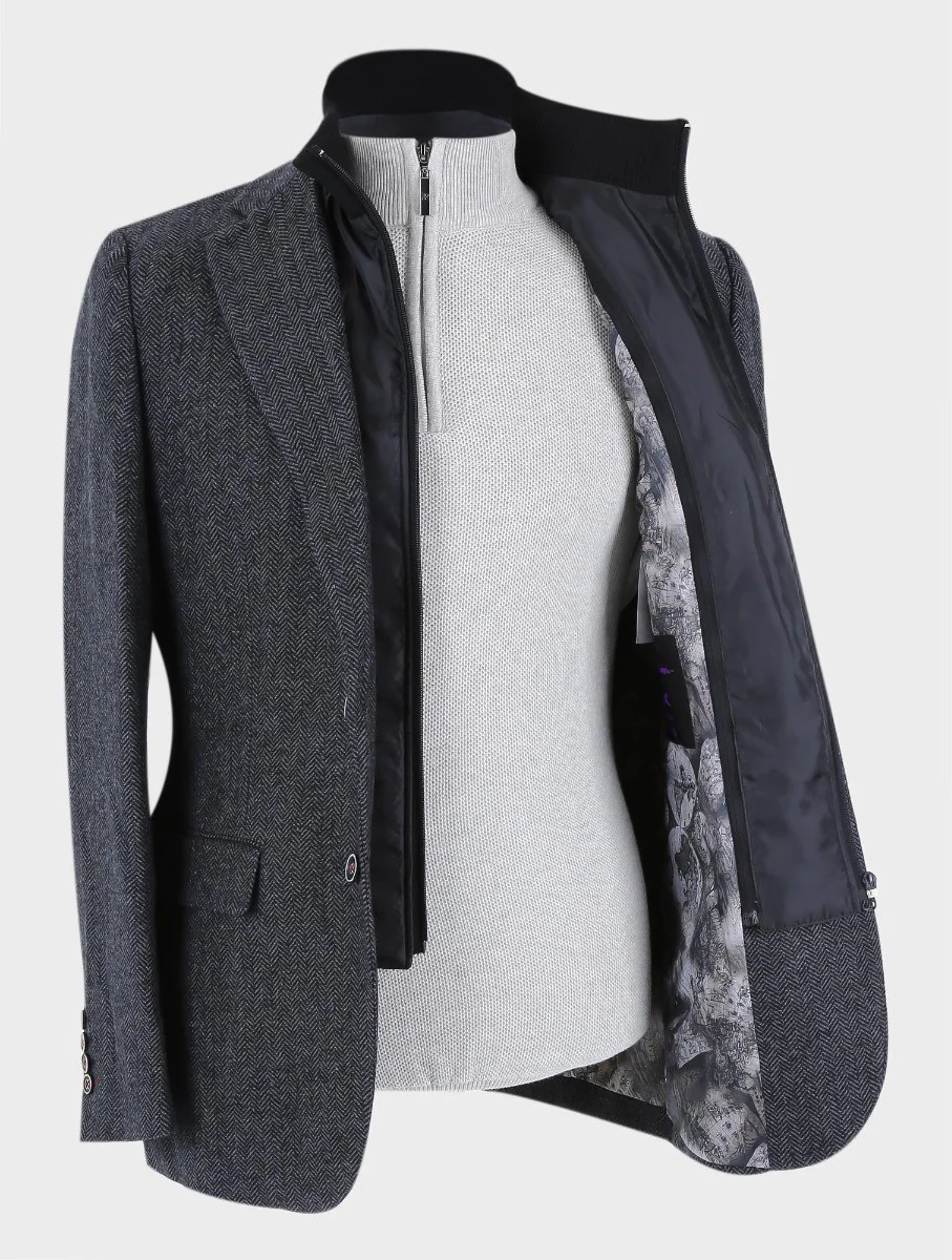 Men's Wool Herringbone Tweed Coat with Removable Zipper - Alexander - Black - Image 6