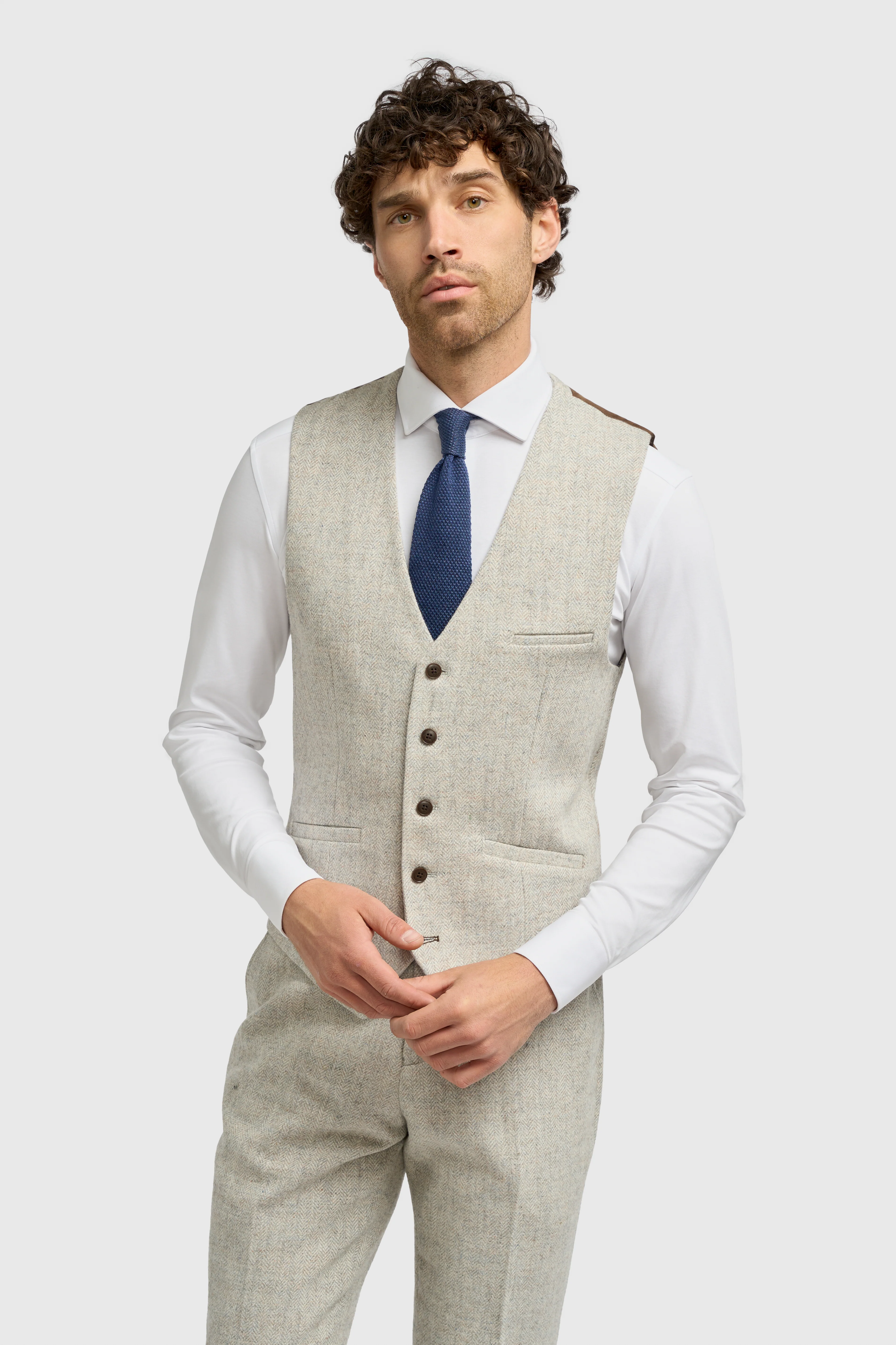 Men’s Wool Herringbone Tweed Waistcoat - Thomas - Pearl Grey