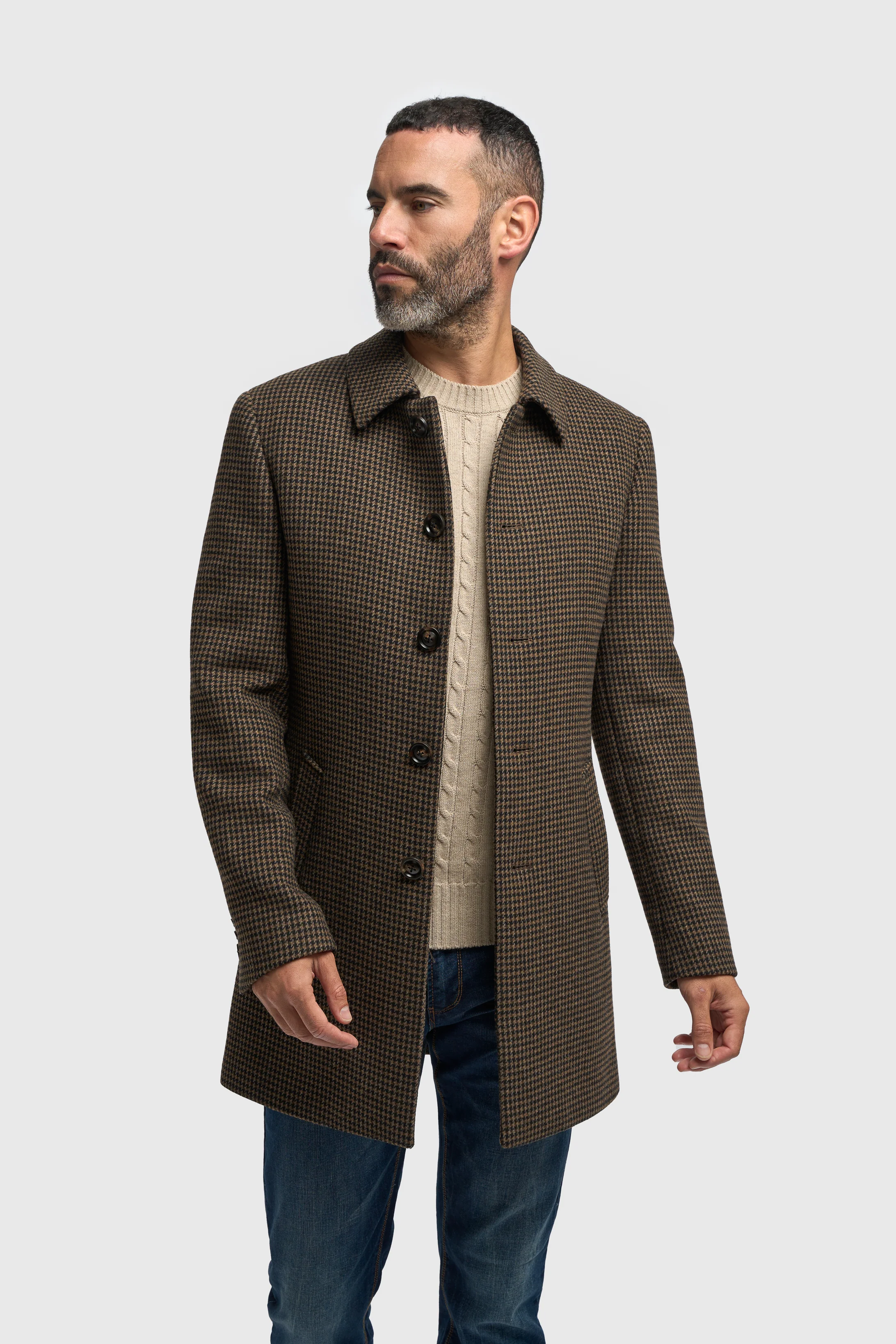 Men’s Wool Houndstooth Check Overcoat - Pearson - Brown