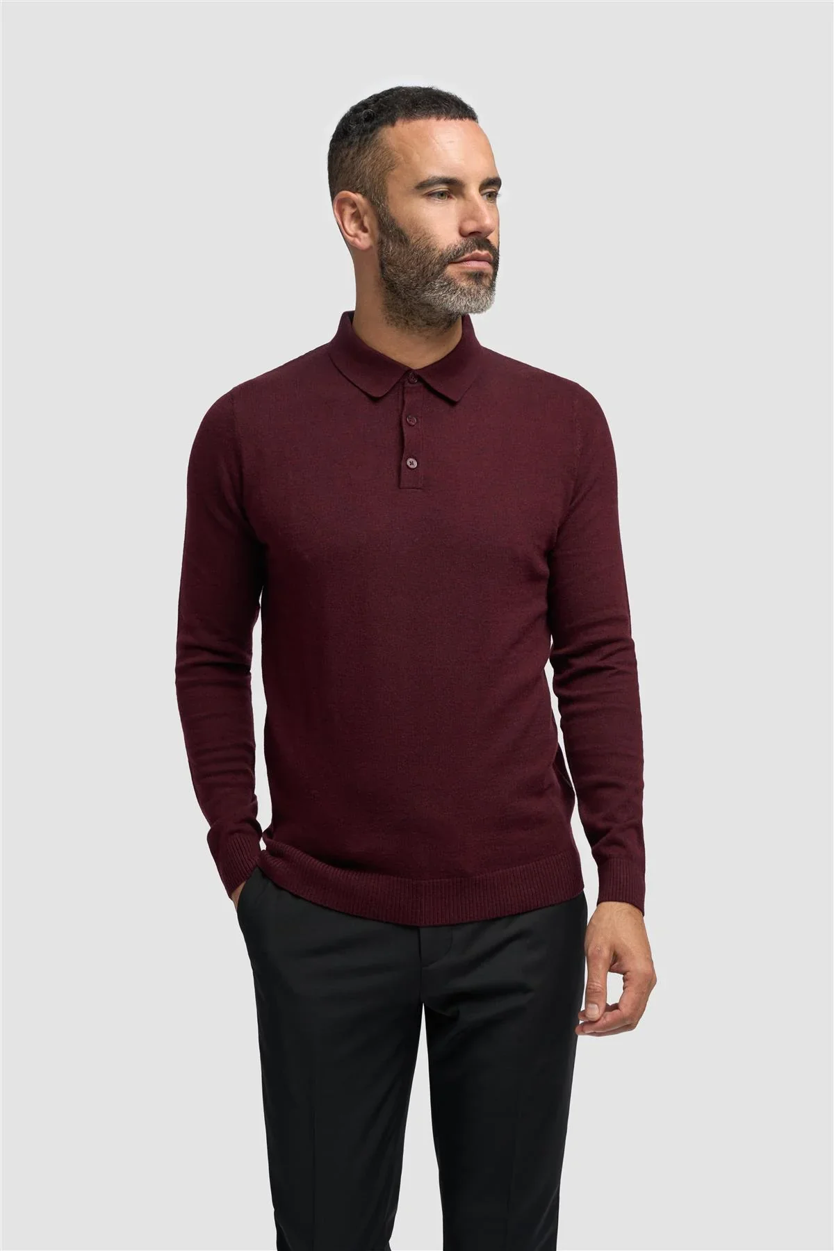 Men’s Wool Knit Long Sleeve Polo Shirt - Boom - Wine