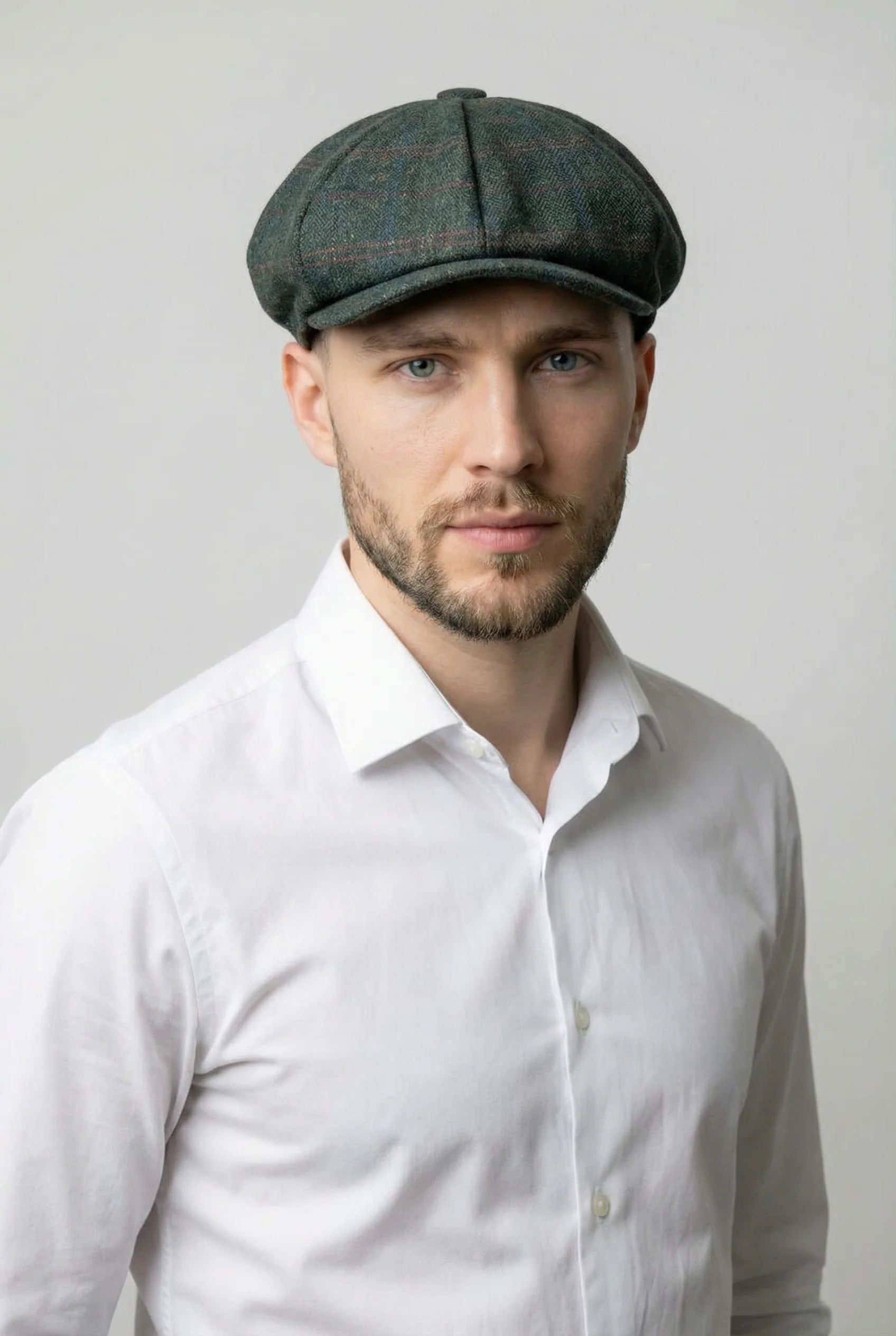 Men’s Wool Tweed Windowpane Check Baker Boy Cap - Joshua - Green - Image 3