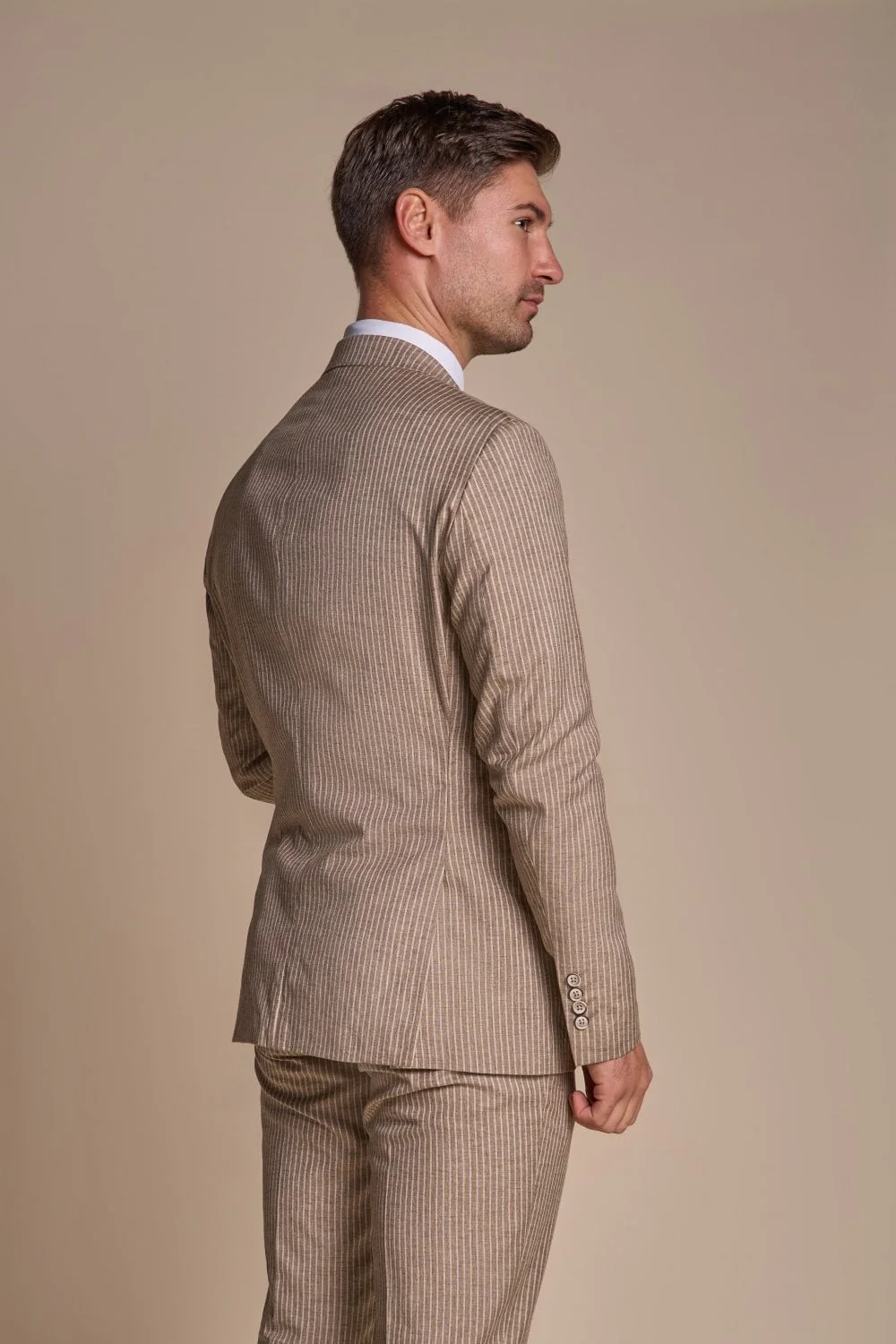 Men’s Slim Fit Pinstripe Beige Suit – KRAKEN Sand - Sand Beige - Image 3