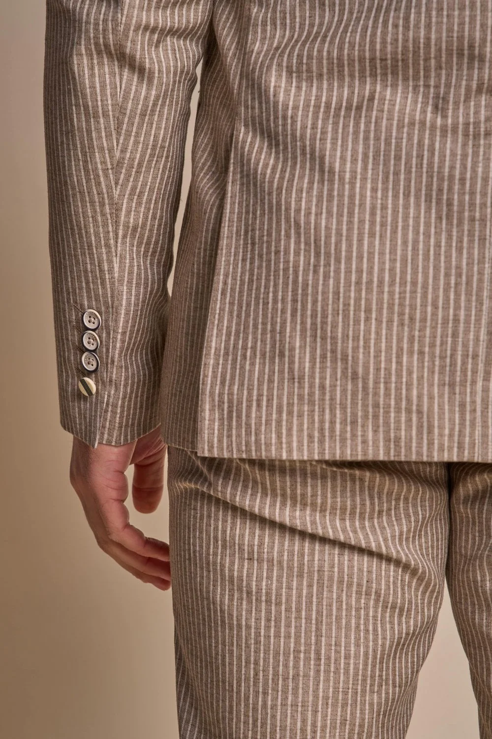 Men’s Slim Fit Pinstripe Beige Suit – KRAKEN Sand - Sand Beige - Image 4